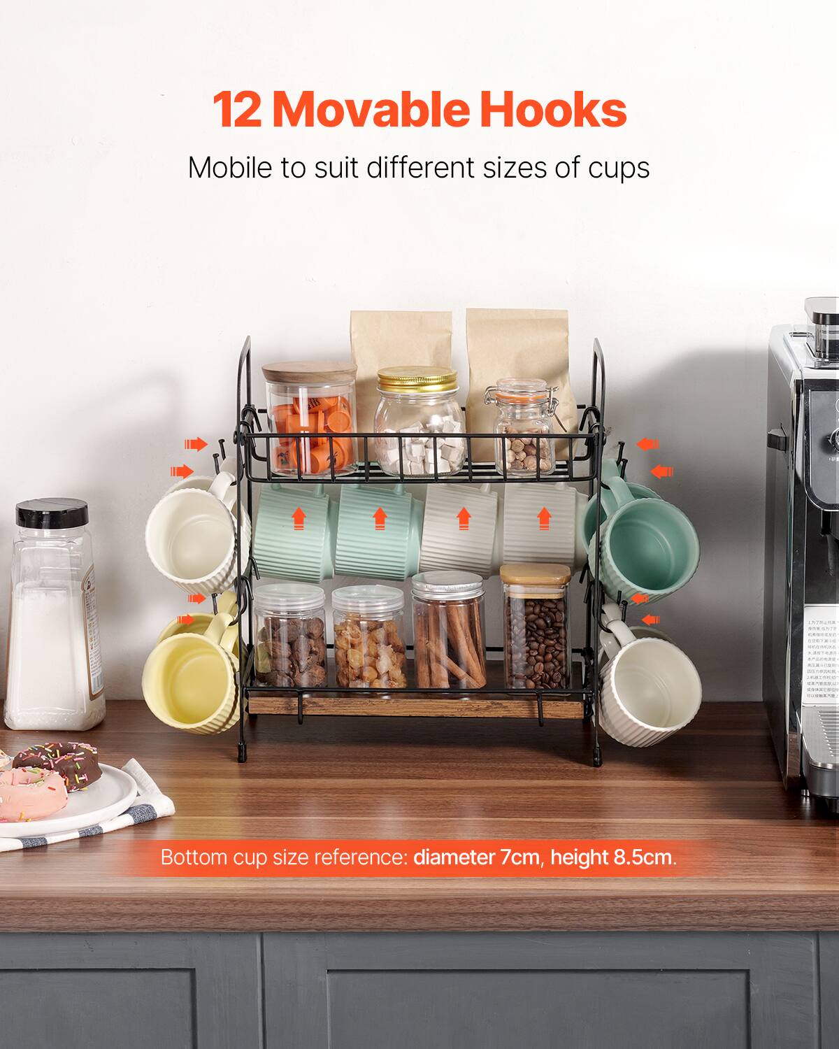 12 Movable Hooks  
Mobile to suit different sizes of cups  

Bottom cup size reference: diameter 7cm, height 8.5cm.