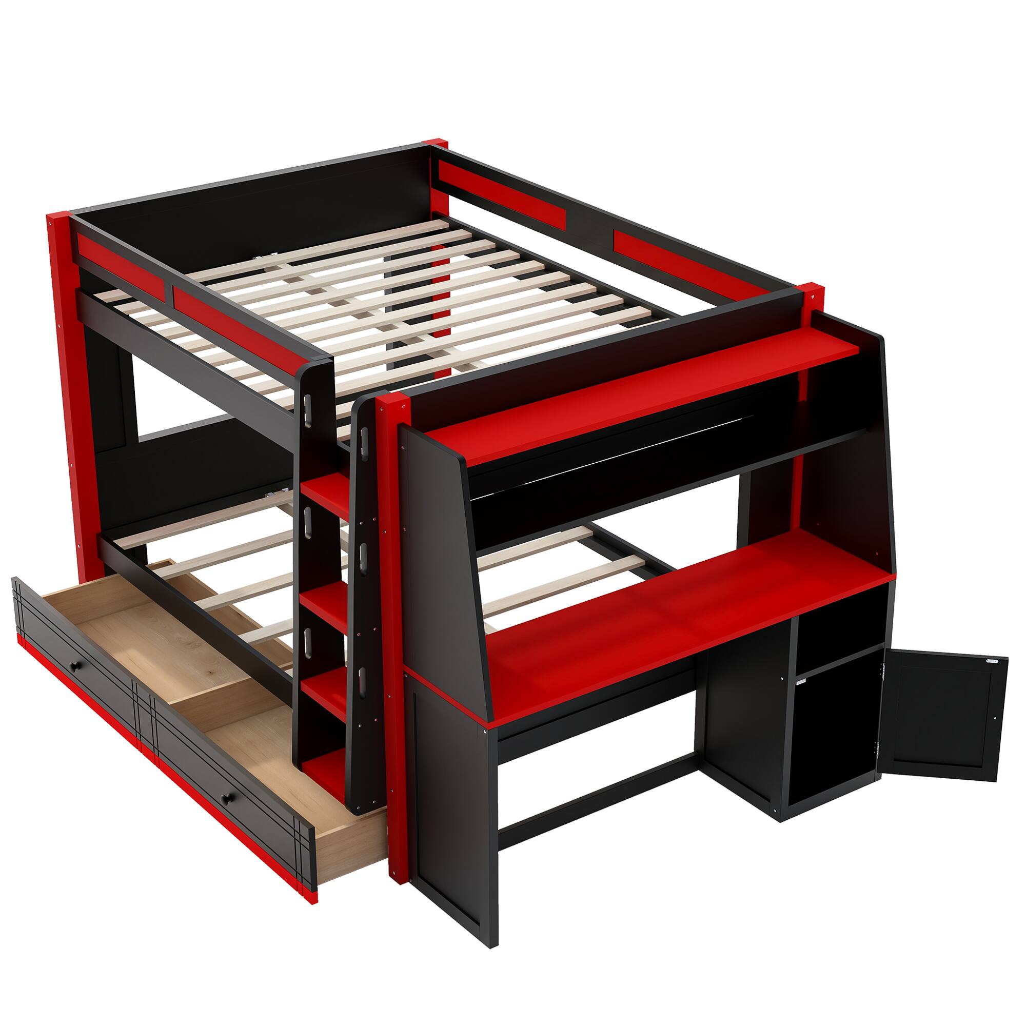 Alt View 1. Whisen - Full Size Multifunctional Bunk Bed with LED Lights, Integrated Desk, Shelves & Drawers-Red+Black - Black.