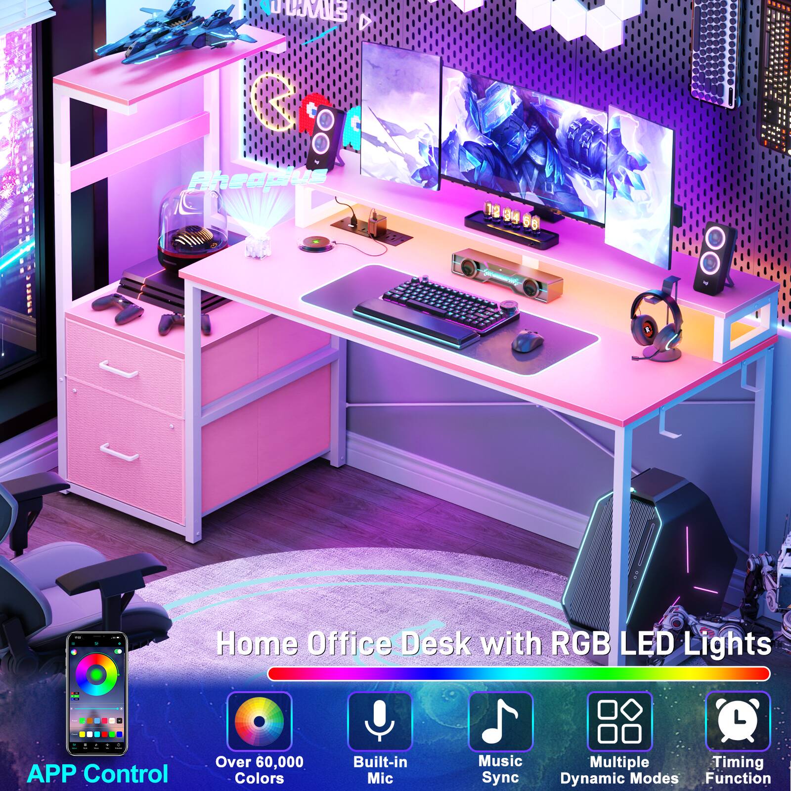 Home Office Desk with RGB LED Lights

- APP Control
- Over 60,000 Colors
- Built-in Mic
- Music Sync
- Multiple Dynamic Modes
- Timing Function