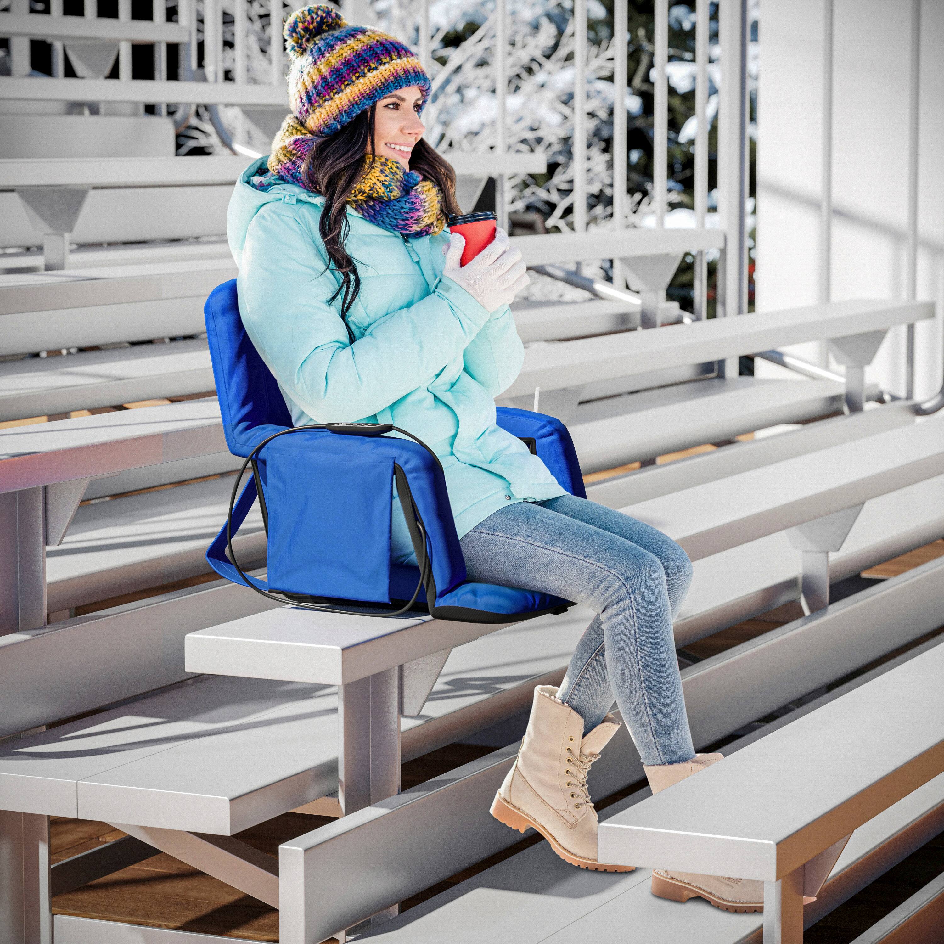 Alt View 5. Emma + Oliver - Foldable Reclining Stadium Chair with Backpack Straps-Heated Back and Seat - Blue.