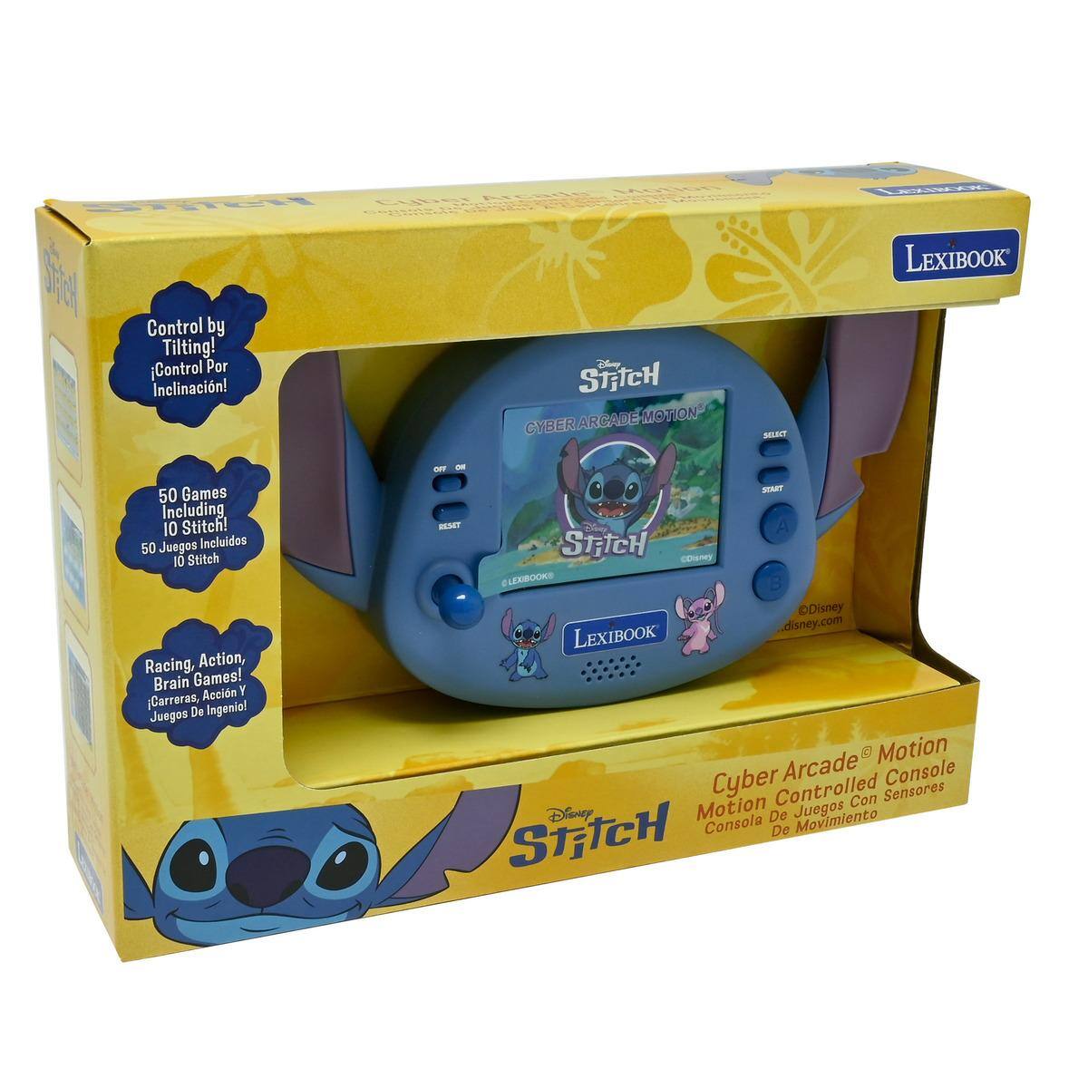 Arcade Motion STATCH Cyber  
LEXIBOOK LEXIBOOK  
Control by Tilting! Control Por Inclinación!  
Disney StitcH CYBER ARCADE MOTION  
SELECT  
50 Games Including 10 Stitch! 50 Juegos Incluidos 10 Stitch Racing, Action, Brain Games! Carreras, Acción Y Juegos De Ingenio!  
OFF  START RESET STITCH Disney LEXIBOOK Disney LEXIBOOK disney.com  
Arcade Motion Cyber Controlled Sensores Console Motion Juegos Con Disney Consola De Movimiento StitcH De