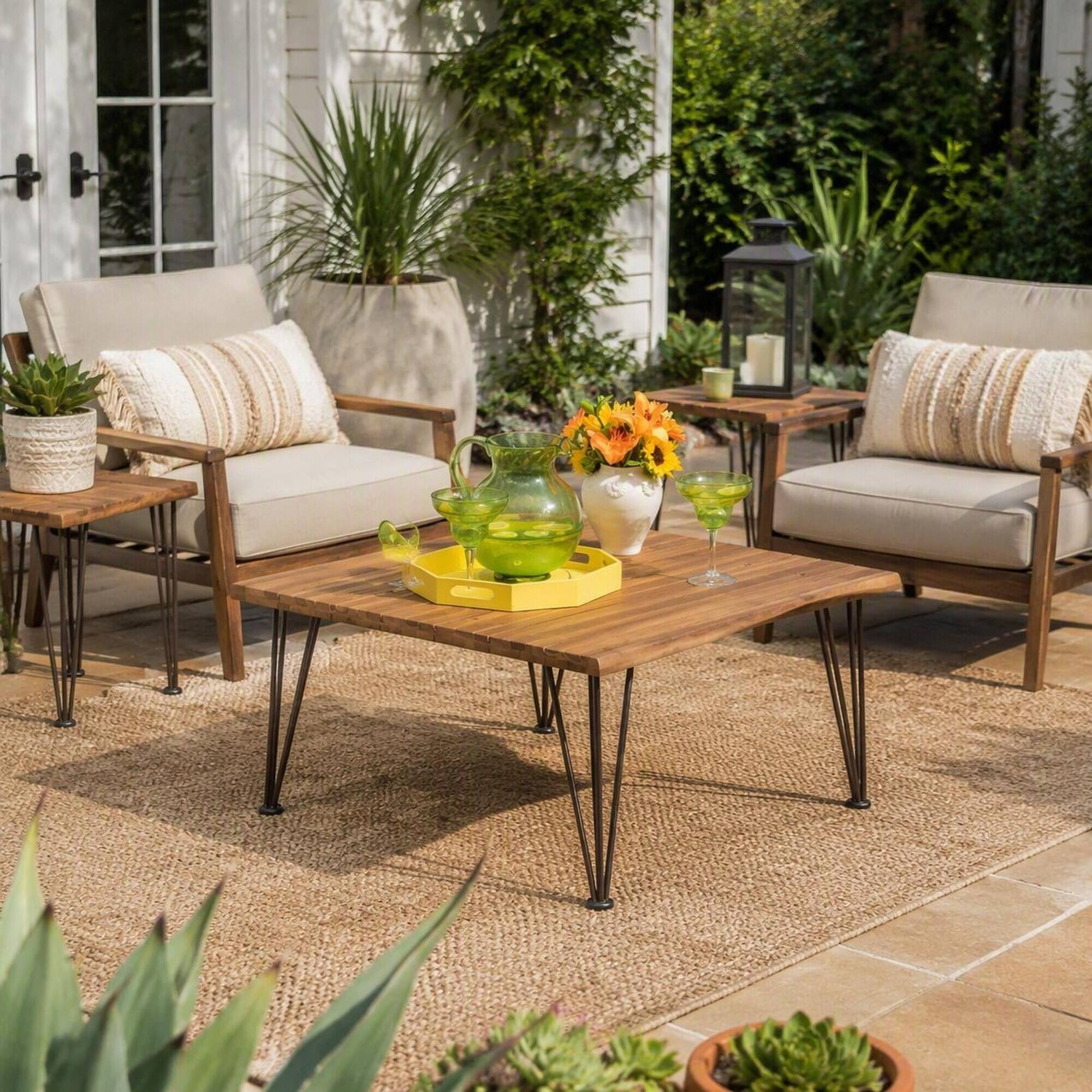 RYHNUYNE Square Outdoor Acacia Wood Coffee Table With Metal Hairpin ...
