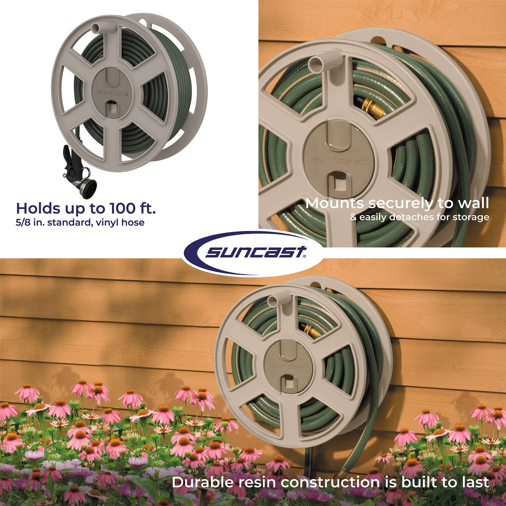 SUNCEST  
Holds up to 100 ft. 5/8 in. standard, vinyl hose  
Mounts securely to wall & easily detaches for storage  
suncast  
Durable resin construction is built to last