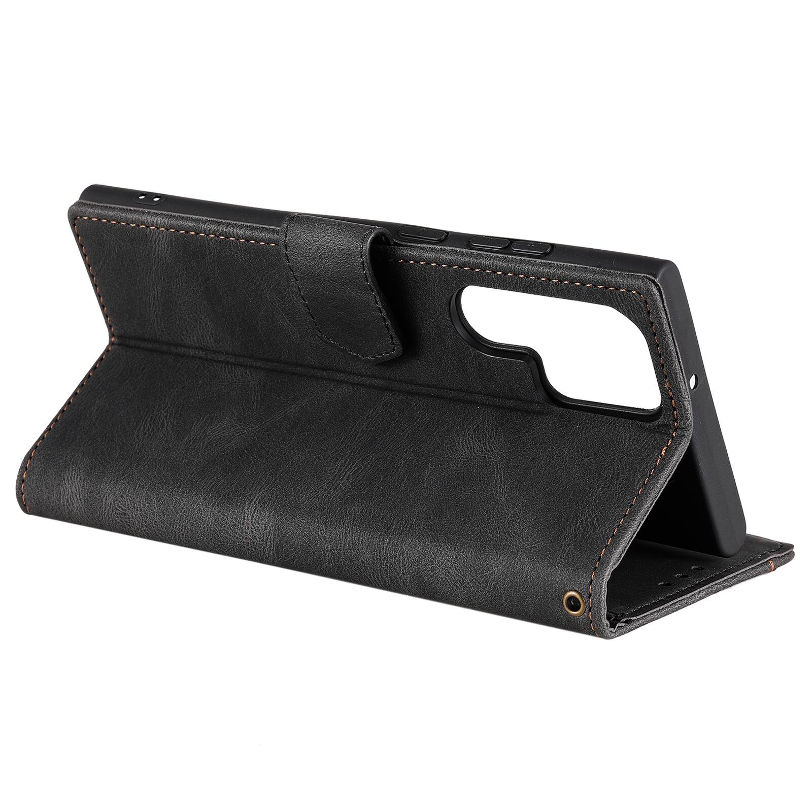 Left. Dteck - Wallet Case for Samsung Galaxy S24 Ultra,Vintage PU Leather Flip Card Holder Kickstand Magnetic Closure Phone Cover - Black.