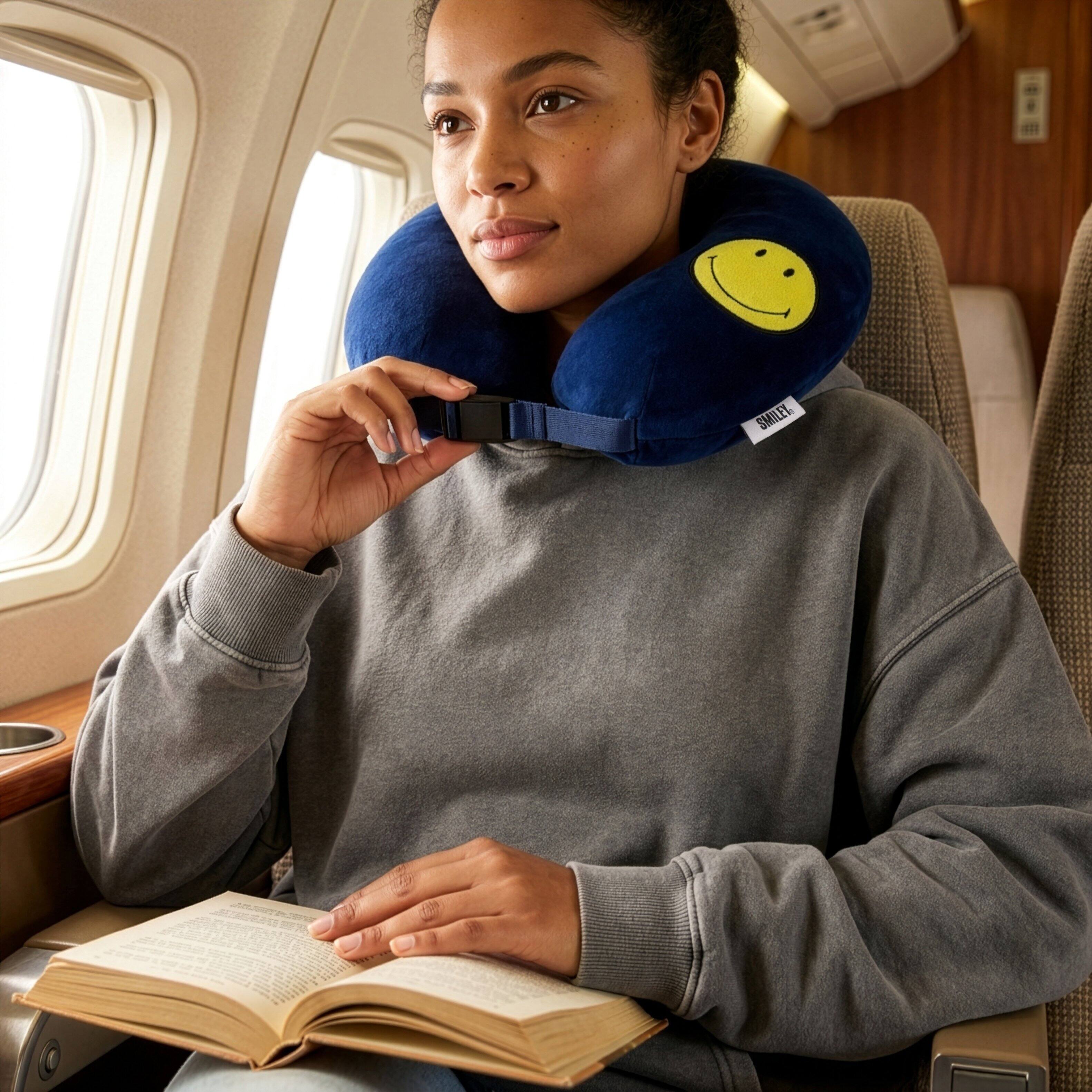 Angle. Smiley World - SMILEY Navy Smiley Patch Marshmallow Memory Foam Travel Pillow - Navy.