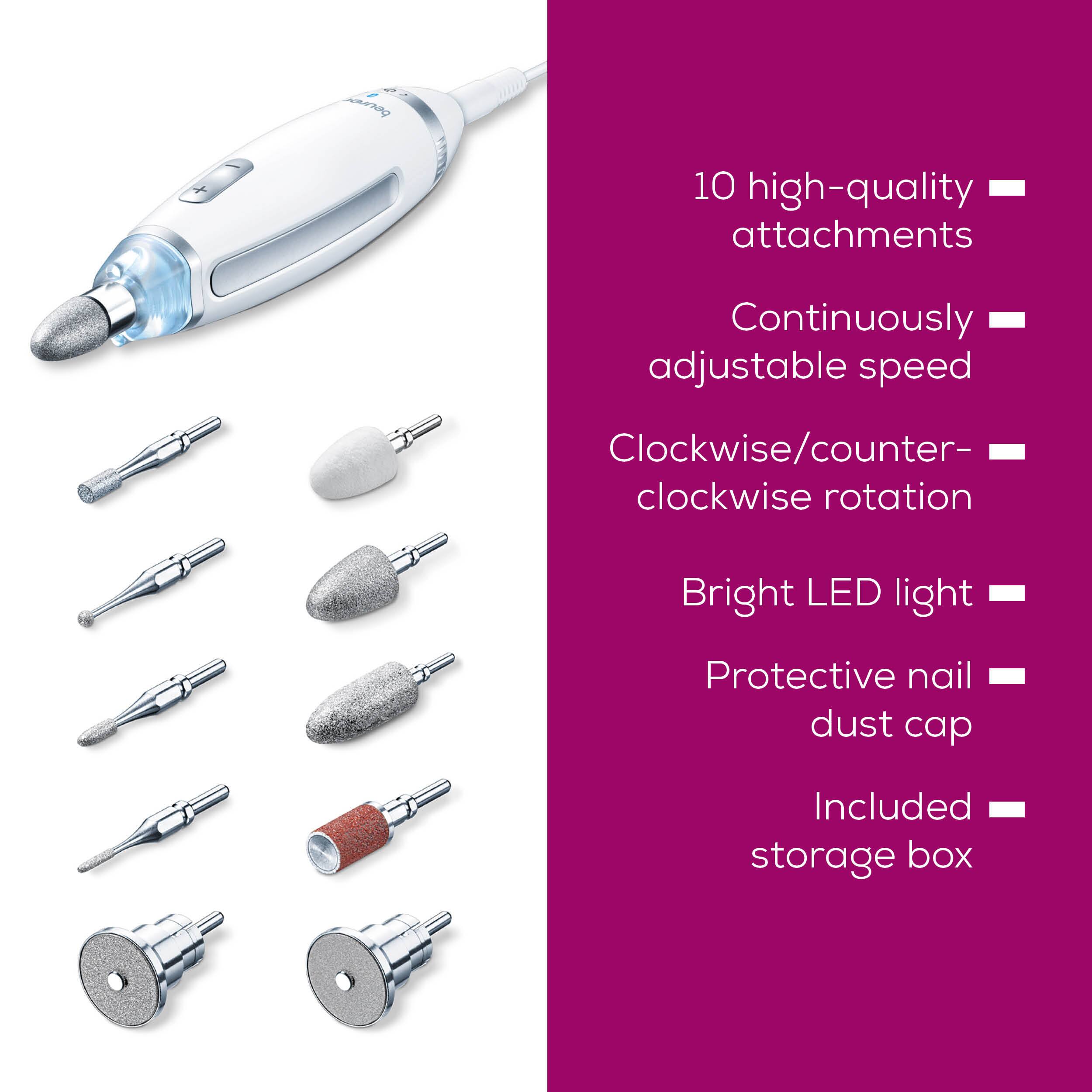 - 10 high-quality attachments
- Continuously adjustable speed
- Clockwise/counter-clockwise rotation
- Bright LED light
- Protective nail dust cap
- Included storage box
