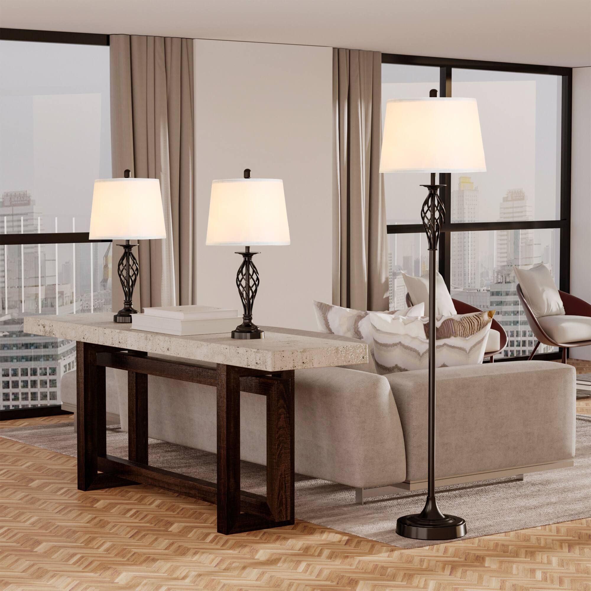 Alt View 1. Homcom - 3-Pc Lamp Set: Metal Pole+Round Base Fabric Shades Living Room.