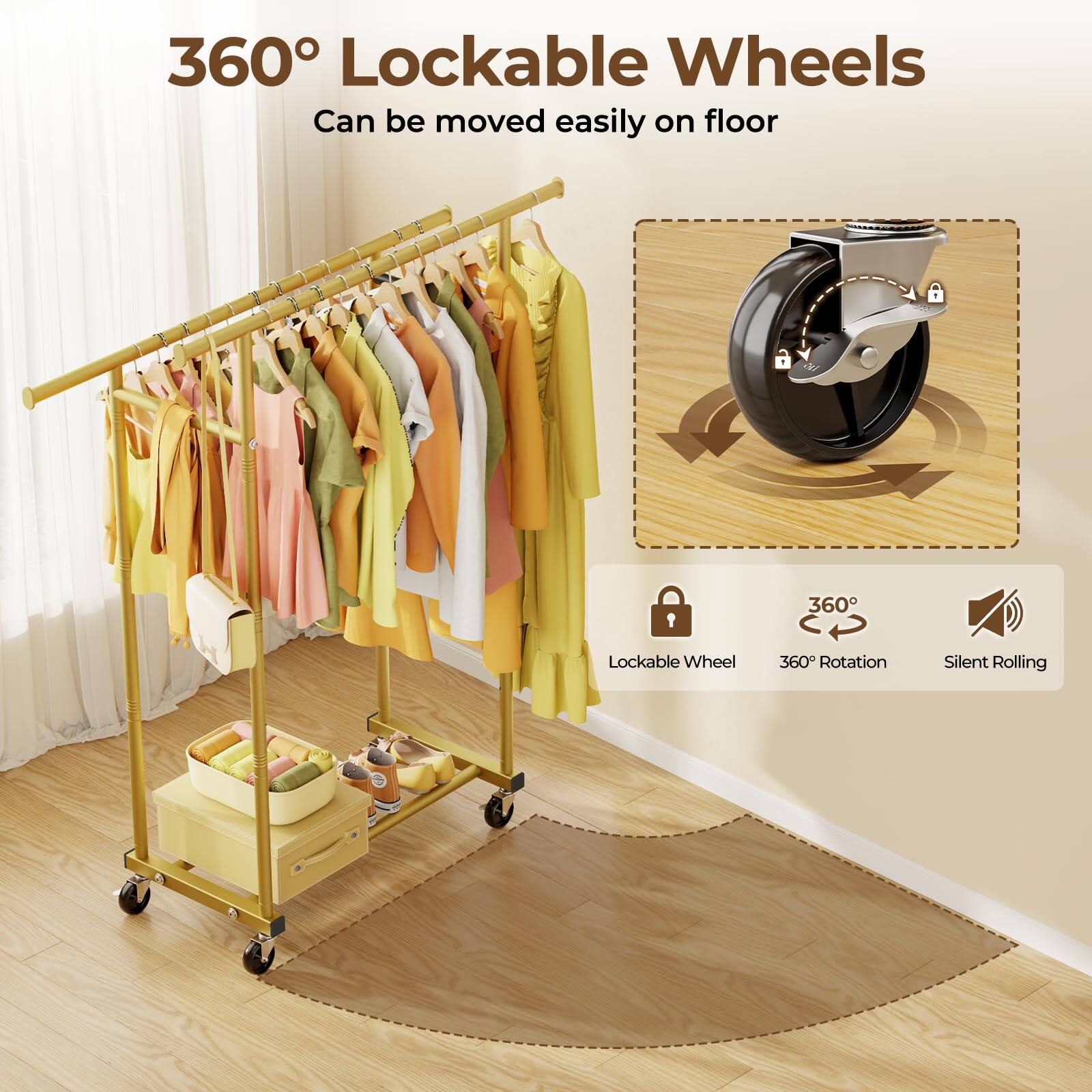 360° Lockable Wheels  
Can be moved easily on floor  

- Lockable Wheel  
- 360° Rotation  
- Silent Rolling