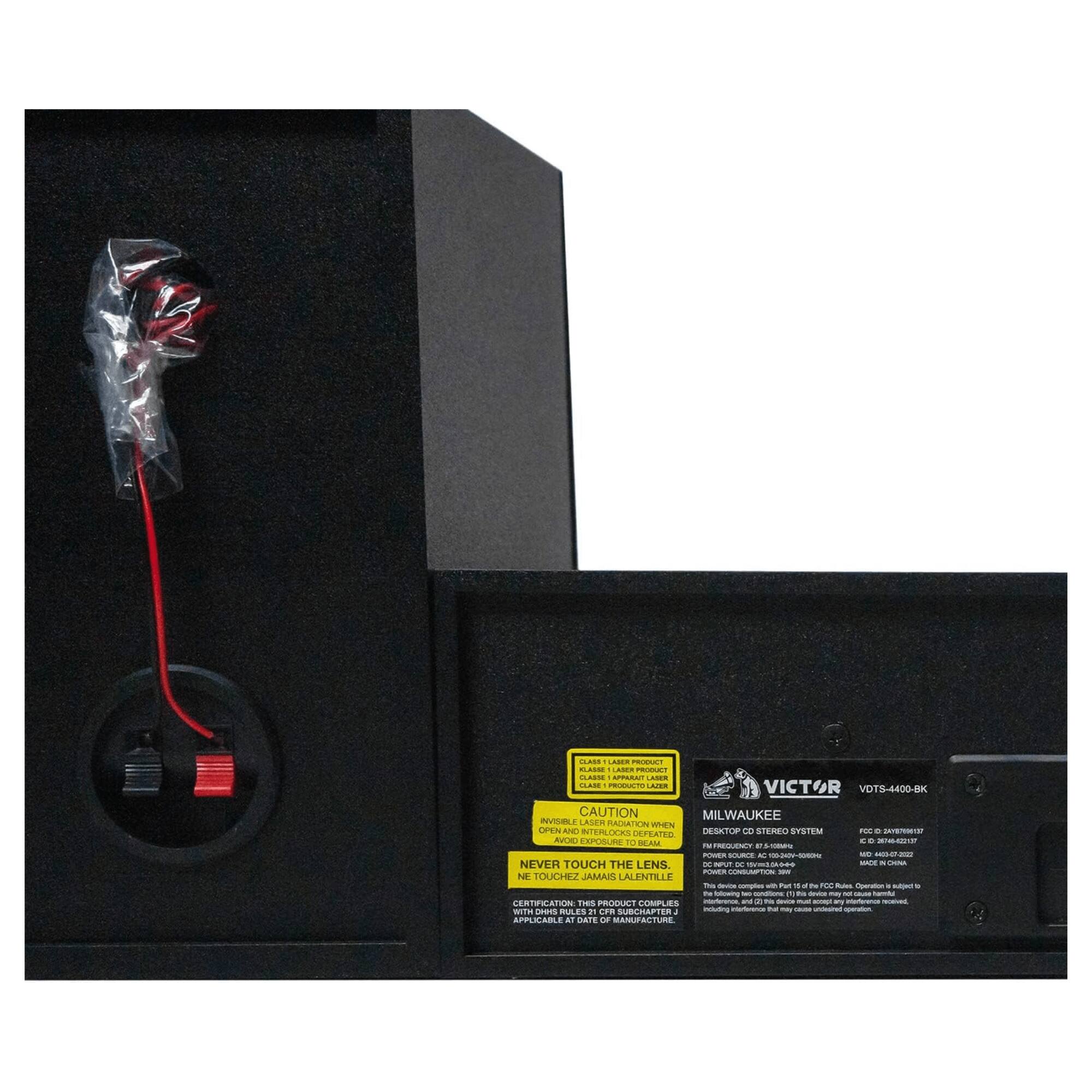 Sure, here is the corrected and grouped text from the image:

---

**VICTOR**  
VDT-4400-HK  
MILWAUKEE  
DESKTOP CD STEREO SYSTEM  

**CAUTION**  
LASER RADIATION WHEN OPEN AND EXPOSED TO BEAM  
NEVER TOUCH THE LENS  
NE TOUCHEZ JAMAIS LA LENTILLE  

**CERTIFICATION**  
CERTIFIED TO CLASS 1 APPARATUS LASE  
WITH 21 CFR SUBCHAPTER J  
APPLICABLE AT DATE OF MANUFACTURE  

**MILWAUKEE**  
DESKTOP CD STEREO SYSTEM  
MODEL: VDT-4400-HK  
FCC ID: 2AC2217  
IC: 2217  
MADE IN CHINA  

**WARNING**  
THIS PRODUCT COMPLIES WITH THE SAFETY RULES AT THE DATE OF MANUFACTURE.  
THE FOLLOWING CONDITIONS (1) DEVICES MAY NOT BE INTENDED FOR USE IN A HOSPITAL OR MEDICAL ENVIRONMENT.  
(2) THE FOLLOWING CONDITIONS (1) DEVICES MAY NOT BE INTENDED FOR USE IN A HOSPITAL OR MEDICAL