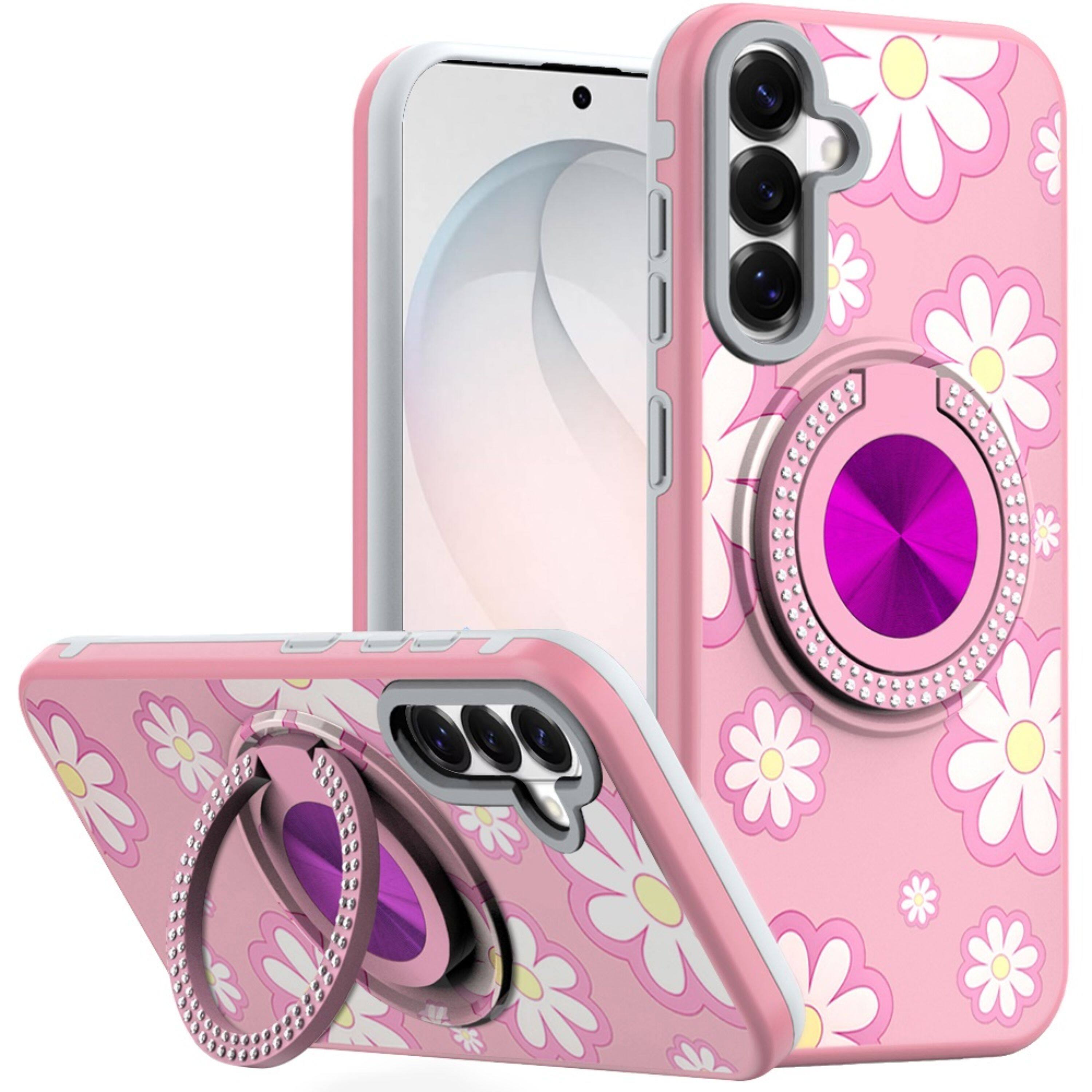 Front. Kitcheniva - Printed Design With 360 Bling Stand Cover Plus Tempered Glass For Samsung S26 FE Floral D - Multicolor.