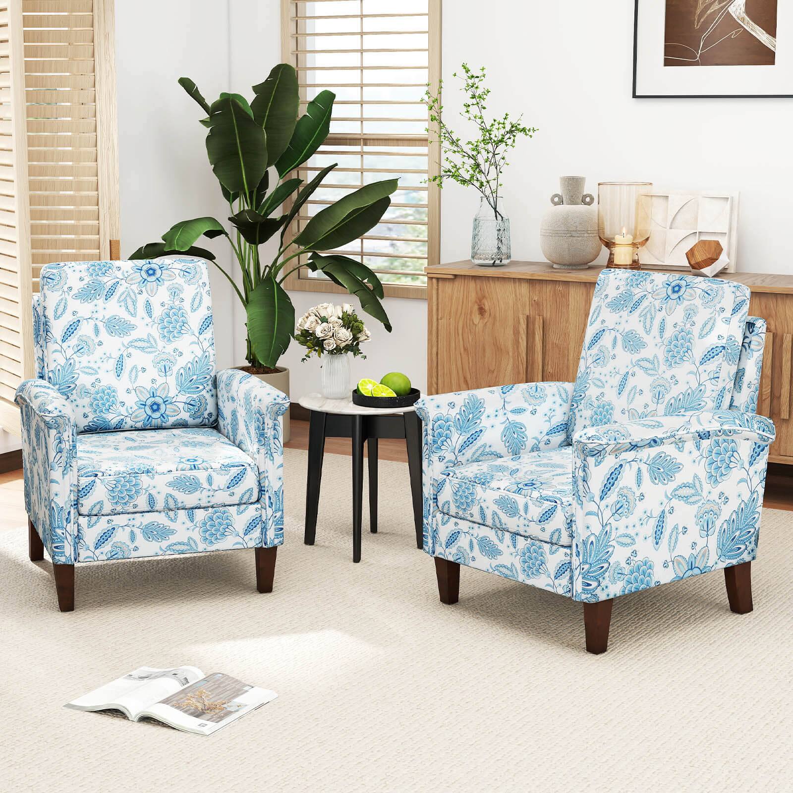 Alt View 1. Costway - Costway 2 PCS Floral Accent Chair with Solid Wood Legs & High Back Thick Comfy Cushions - Blue.