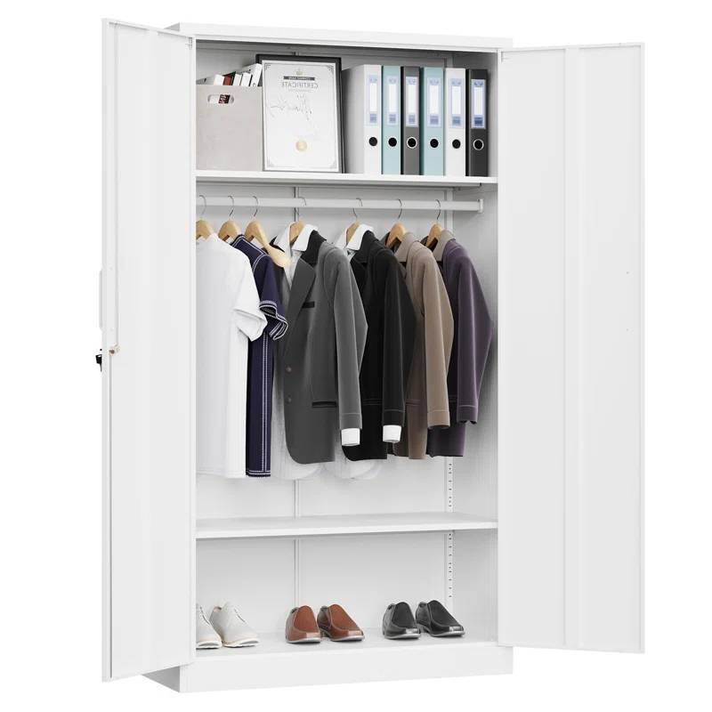 Left. Hivvago - White Metal Locking Wardrobe Armoire Cabinet with Clothing Hanging Rod - White.