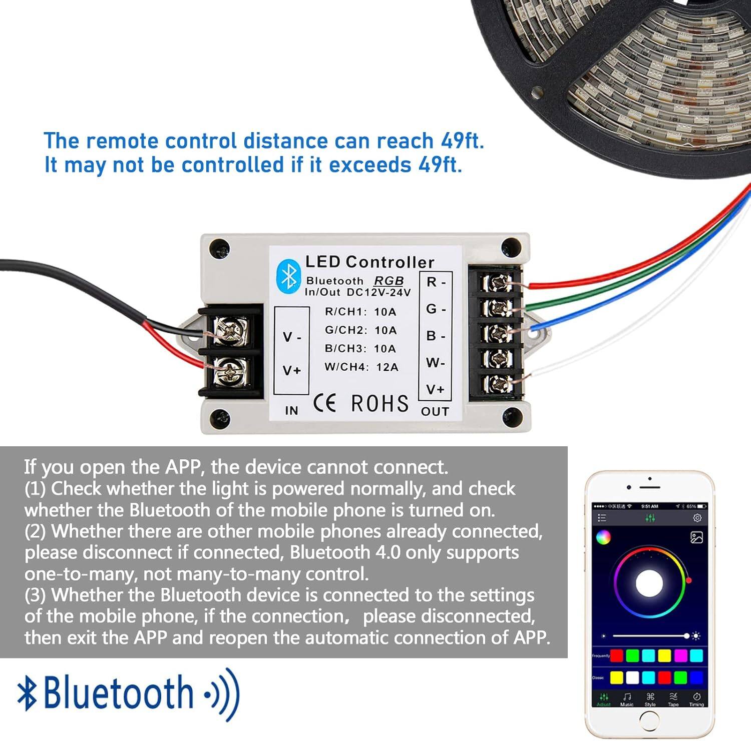 The remote control distance can reach 49ft. It may not be controlled if it exceeds 49ft.

LED Controller
Bluetooth RGB
In/Out DC12V-24V
R/CH1: 10A
G/CH2: 10A
B/CH3: 10A
W/CH4: 12A
CE ROHS

If you open the APP, the device cannot connect.
(1) Check whether the light is powered normally, and check whether the Bluetooth of the mobile phone is turned on.
(2) Whether there are other mobile phones already connected, please disconnect if connected, Bluetooth 4.0 only supports one-to-many, not many-to-many control.
(3) Whether the Bluetooth device is connected to the settings of the mobile phone, if the connection, please disconnected, then exit the APP and reopen the automatic connection of APP.

*Bluetooth*