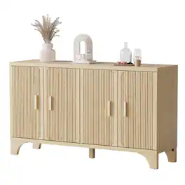 Sugift - 55" Mid-Century Modern Buffet Cabinet with Storage and Fluted Doors, 4-Door Sideboard for Kitchen or Living Room - Oak