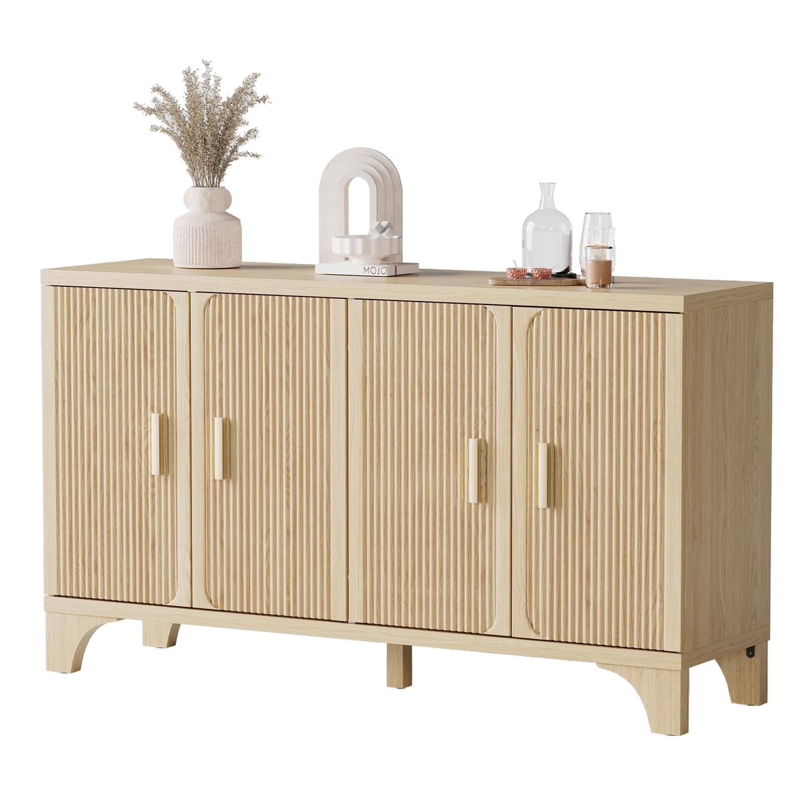 Alt View 1. SKONYON - 55'' Mid-Century Modern Buffet Cabinet with Storage and Fluted Doors, 4-Door Sideboard for Kitchen or Living Room - Oak.