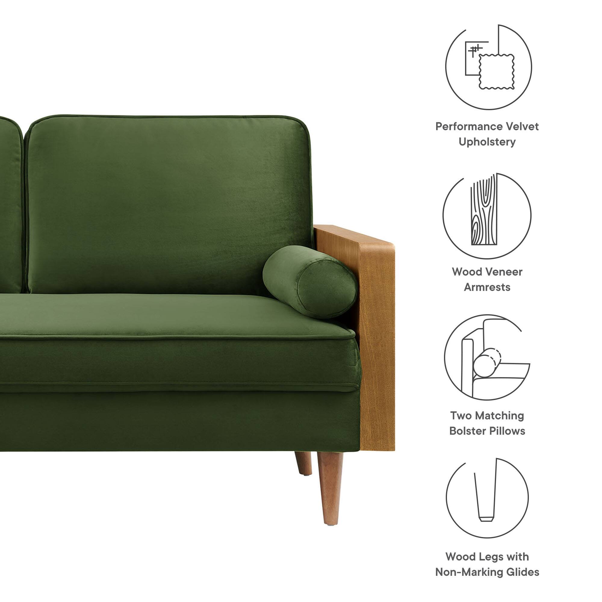 Performance Velvet Upholstery  
Wood Veneer Armrests  
Two Matching Bolster Pillows  
Wood Legs with Non-Marking Glides