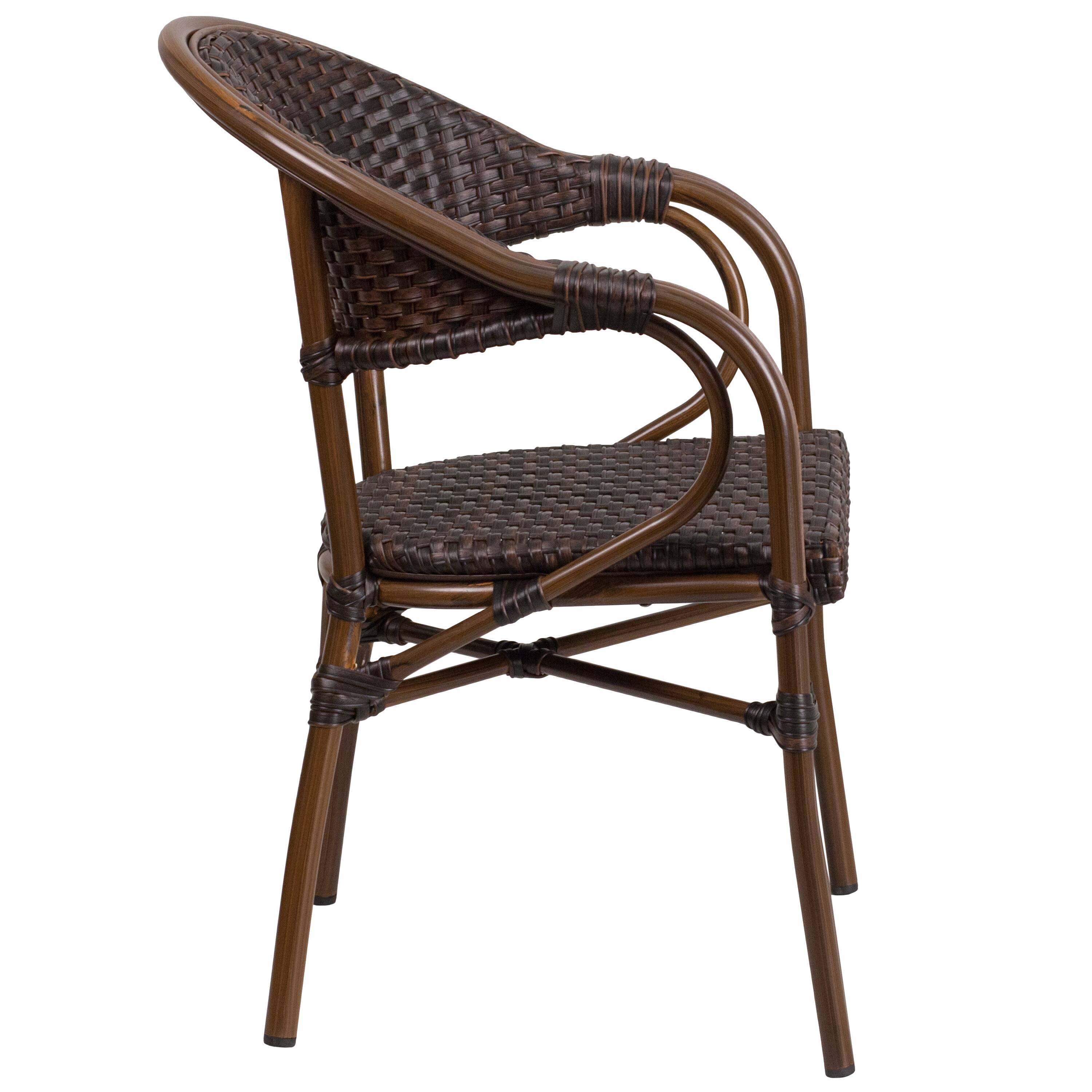 Alt View 5. Emma + Oliver - 3 Pack Rattan Restaurant Patio Chair with Bamboo-Aluminum Frame - Dark Brown Rattan/Red Bamboo-Aluminum Frame.