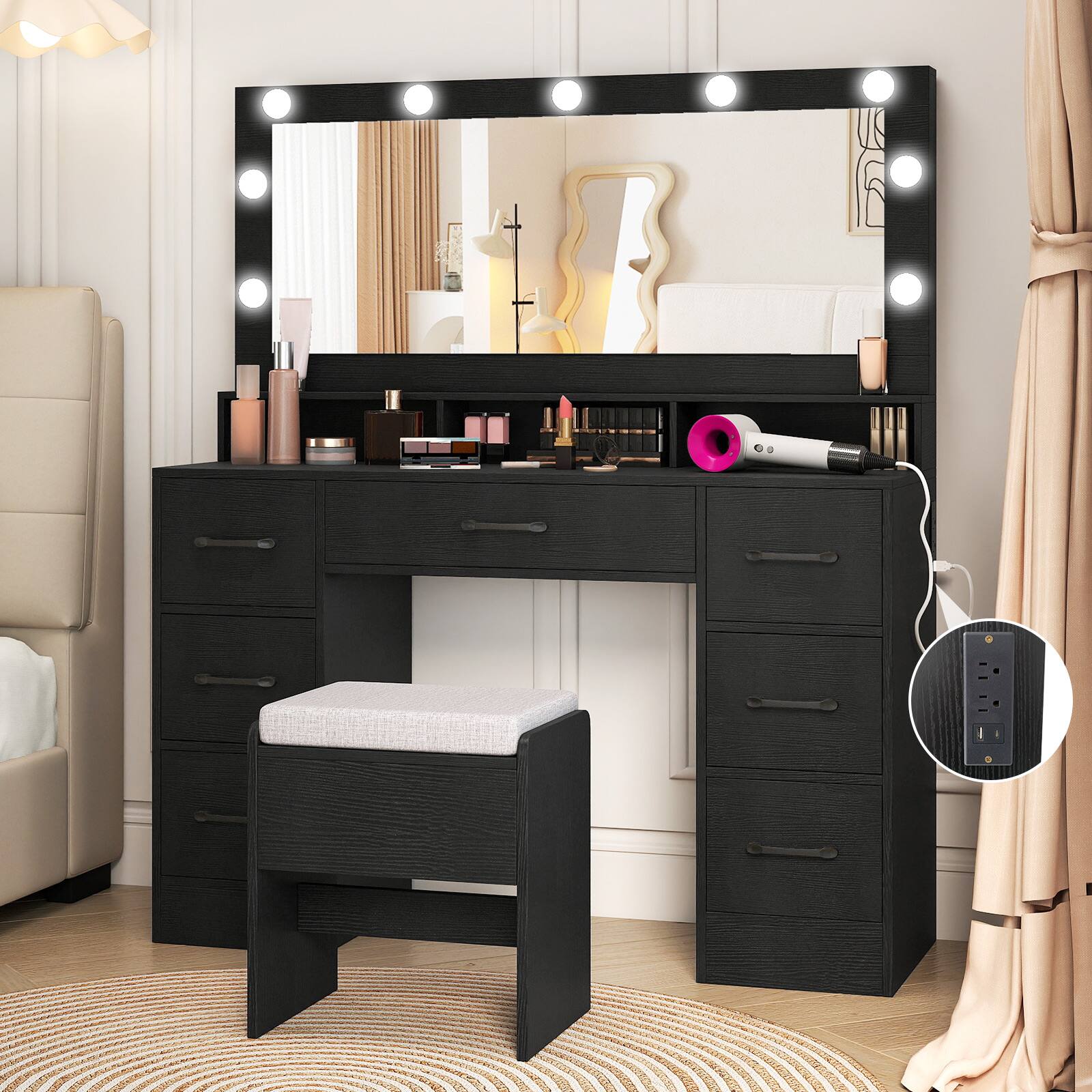 Alt View 1. Gymax - Gymax Vanity Desk w/Mirror & Lights Power Outlets 3 Color Lighting Modes 7 Drawers - Black.