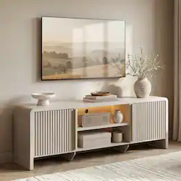 ModernMate - Fluted TV Stand with 3-Color LED Light, Modern Television Console Storage Cabinet with Adjustable Open Shelf - White Alder