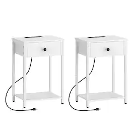 Oumilen - Set of 2 Nightstand with Built-in Charging Station & Hanging Drawer - White