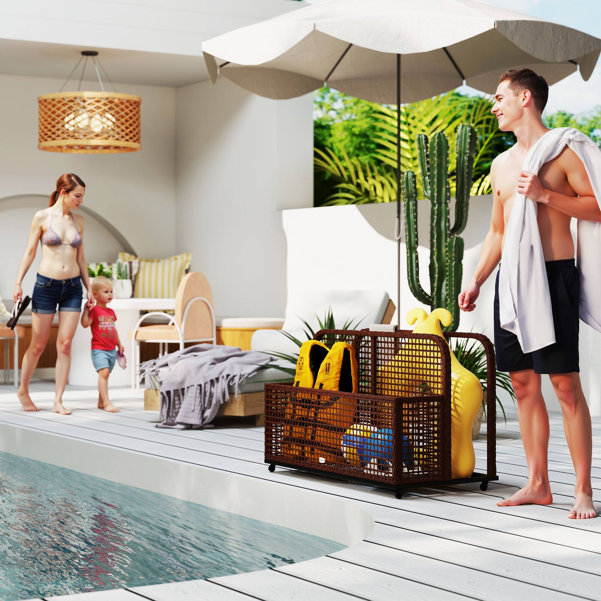 Angle. Outsunny - Outsunny Patio Wicker Pool Float Storage with Wheels, Outdoor Rolling PE Rattan Pool Caddy - Brown.