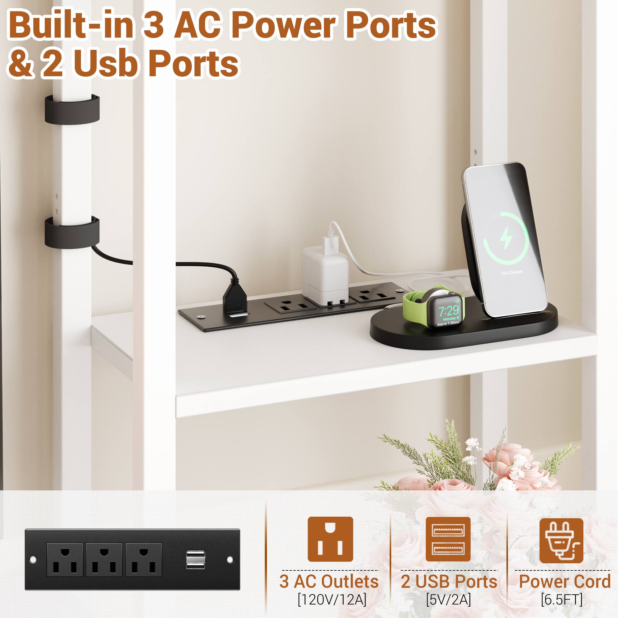 Built-in 3 AC Power Ports & 2 USB Ports

- 3 AC Outlets [120V/12A]
- 2 USB Ports [5V/2A]
- Power Cord [6.5FT]