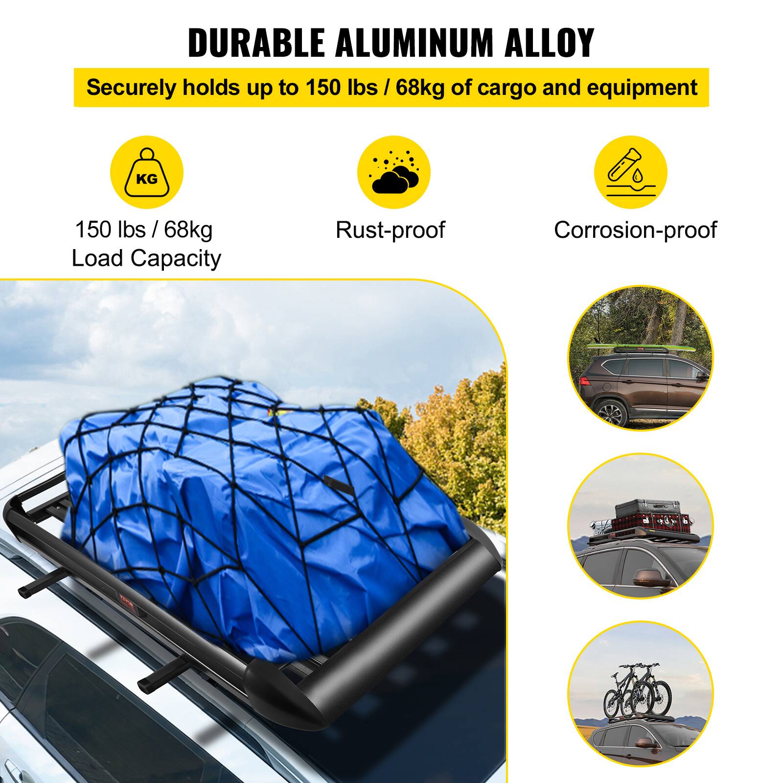 DURABLE ALUMINUM ALLOY

- Securely holds up to 150 lbs / 68 kg of cargo and equipment
- Load Capacity: 150 lbs / 68 kg
- Rust-proof
- Corrosion-proof