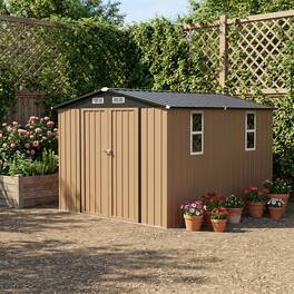 LAUSAINT HOME - 10x10 FT Galvanized Steel Shed Double Lockable Doors Gable Roof and Vent for Backyard Patio Garden - Brown
