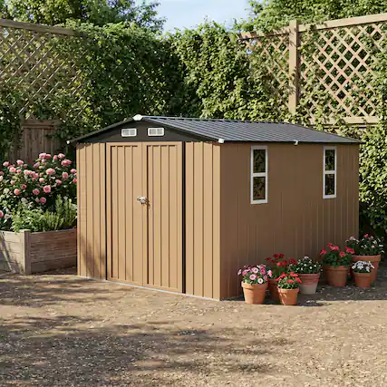 Front. LAUSAINT HOME - 10x10 FT Galvanized Steel Shed Double Lockable Doors Gable Roof and Vent for Backyard Patio Garden - Brown.