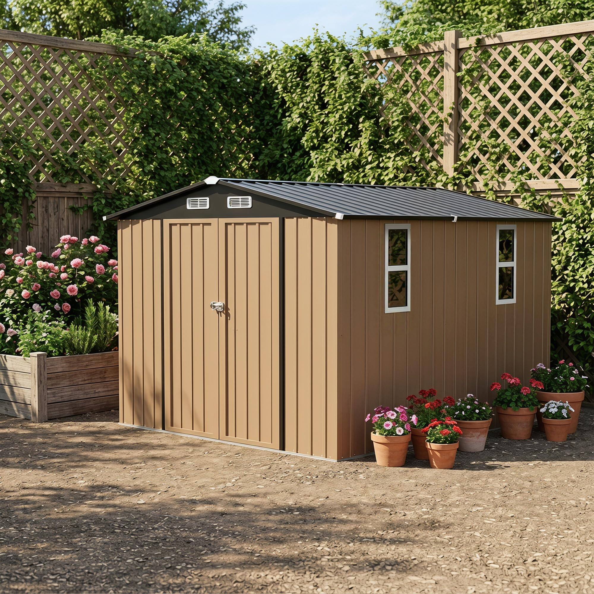 Front. LAUSAINT HOME - 10x10 FT Galvanized Steel Shed Double Lockable Doors Gable Roof and Vent for Backyard Patio Garden - Brown.
