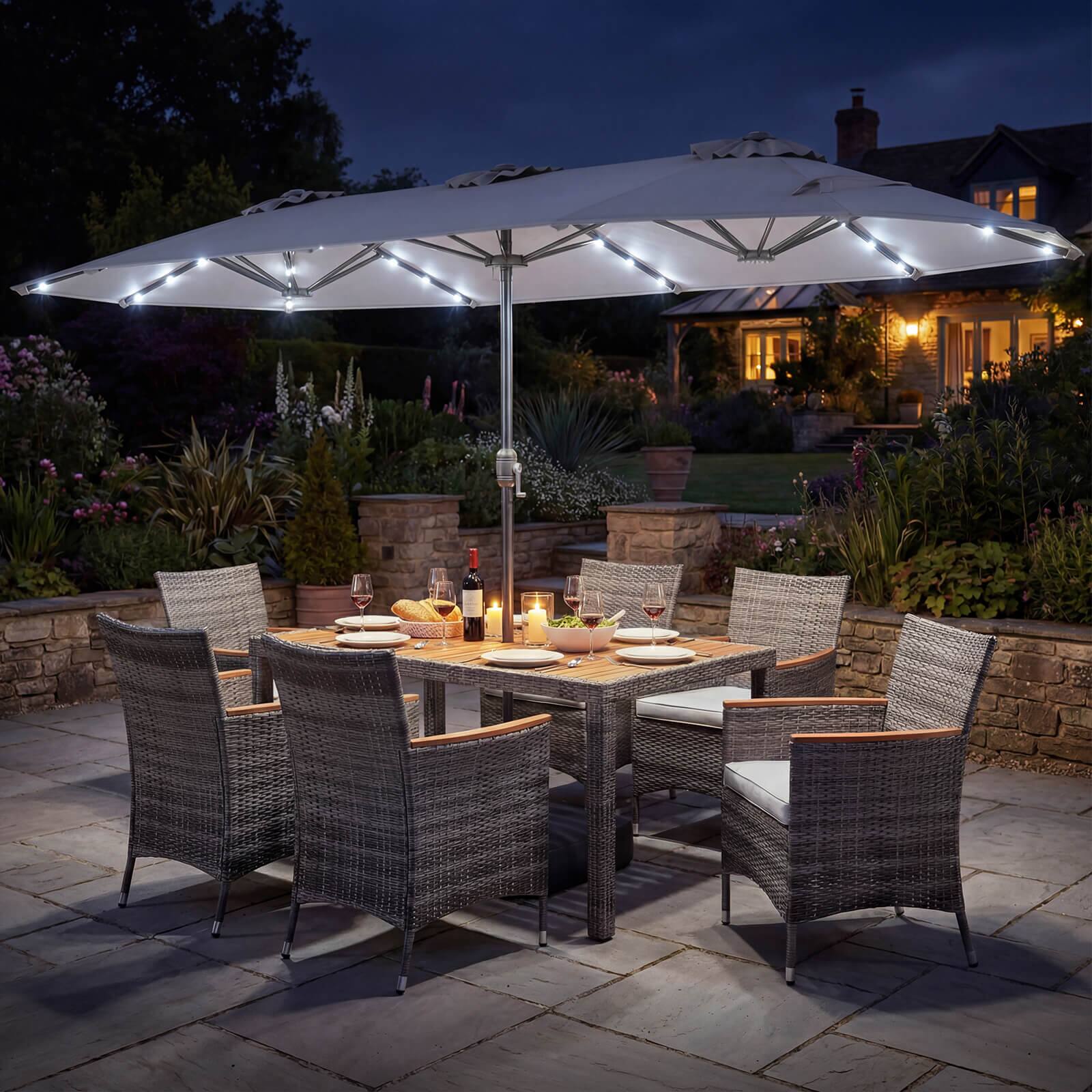 Alt View 1. Costway - Costway 8 PCS Outdoor Wicker Dining Furniture & Double-Sided Umbrella with Solar LED Lights - Gray + Mix Gray.