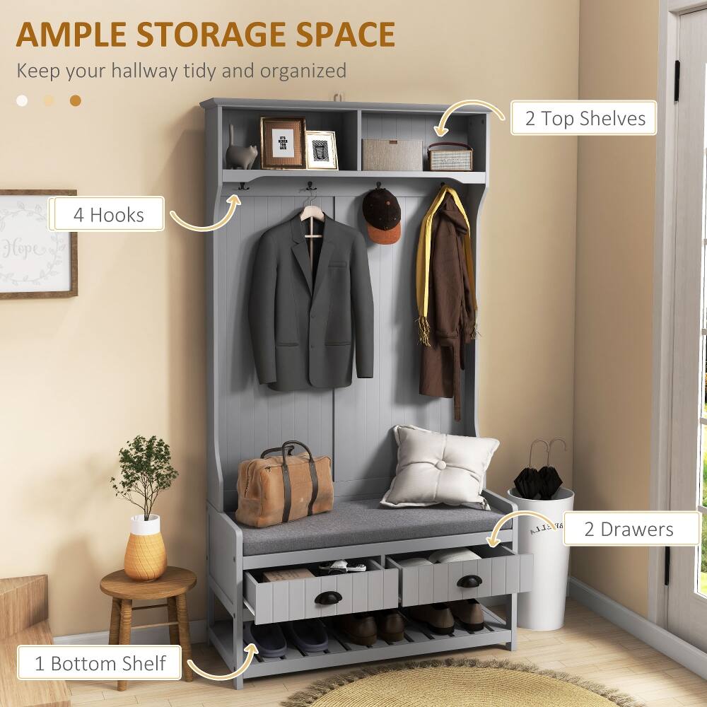 AMPLE STORAGE SPACE  
Keep your hallway tidy and organized

- 2 Top Shelves
- 4 Hooks
- 2 Drawers
- 1 Bottom Shelf
