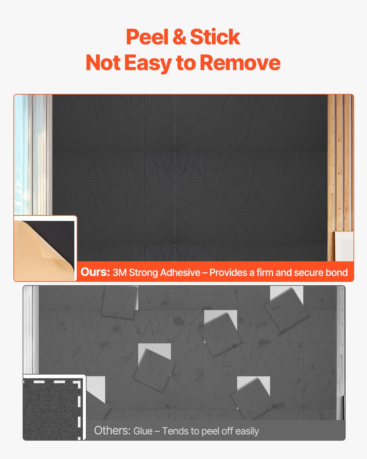Peel & Stick  
Not Easy to Remove

Ours: 3M Strong Adhesive – Provides a firm and secure bond

Others: Glue – Tends to peel off easily