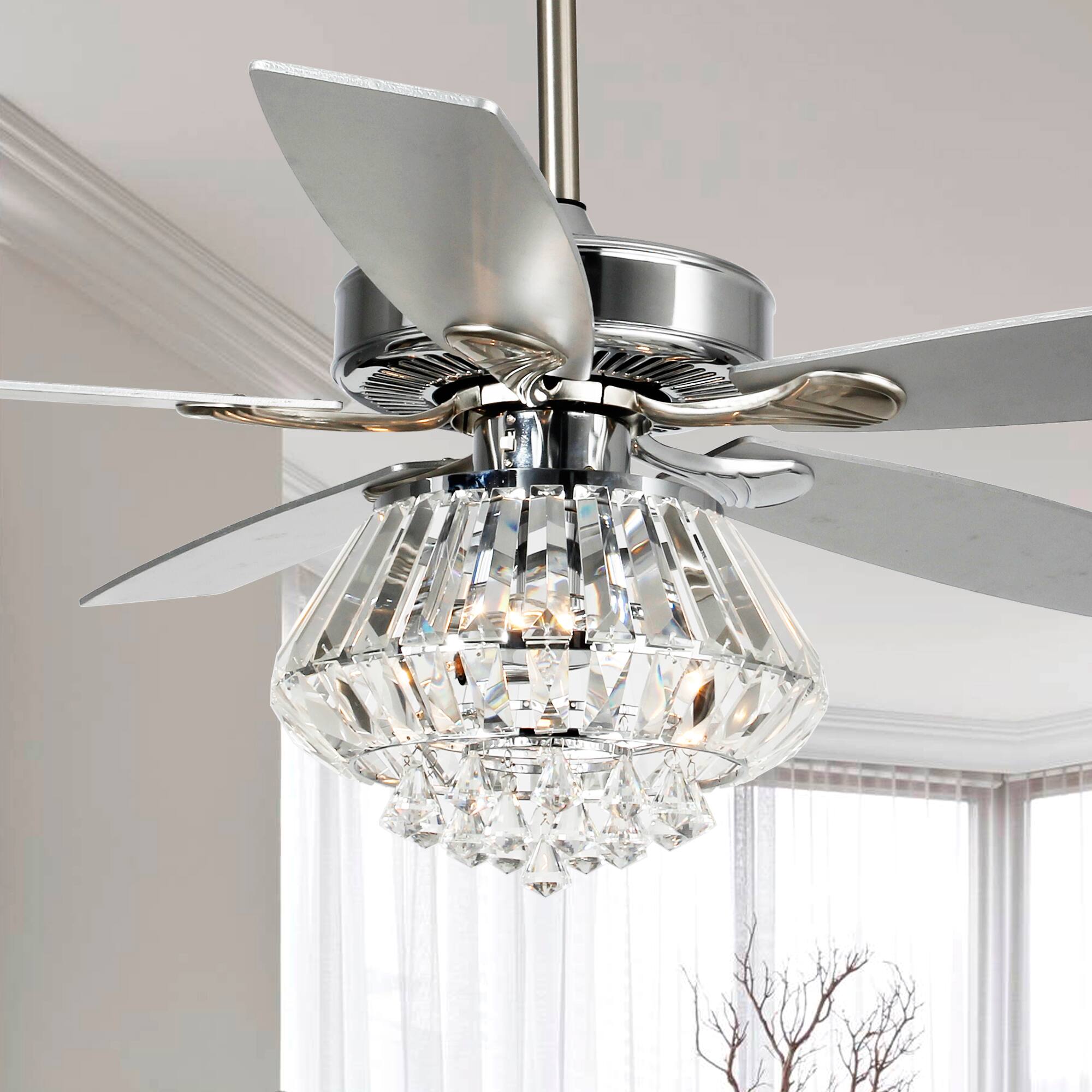 Angle. Parrot Uncle - Modern 52" Chrome Crystal Ceiling Fan with Remote Control - Chrome.