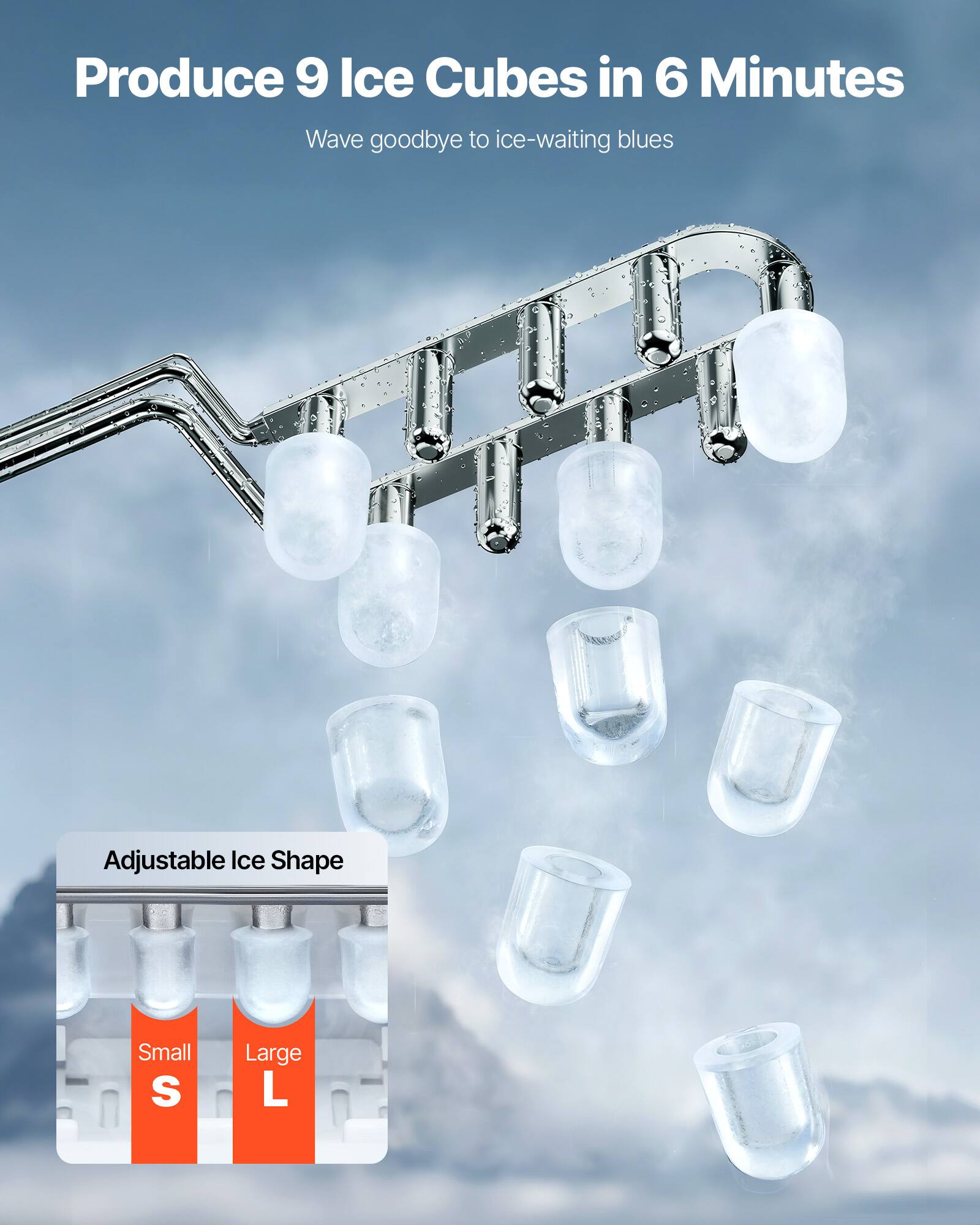 Produce 9 Ice Cubes in 6 Minutes  
Wave goodbye to ice-waiting blues  

Adjustable Ice Shape  
Small S  
Large L