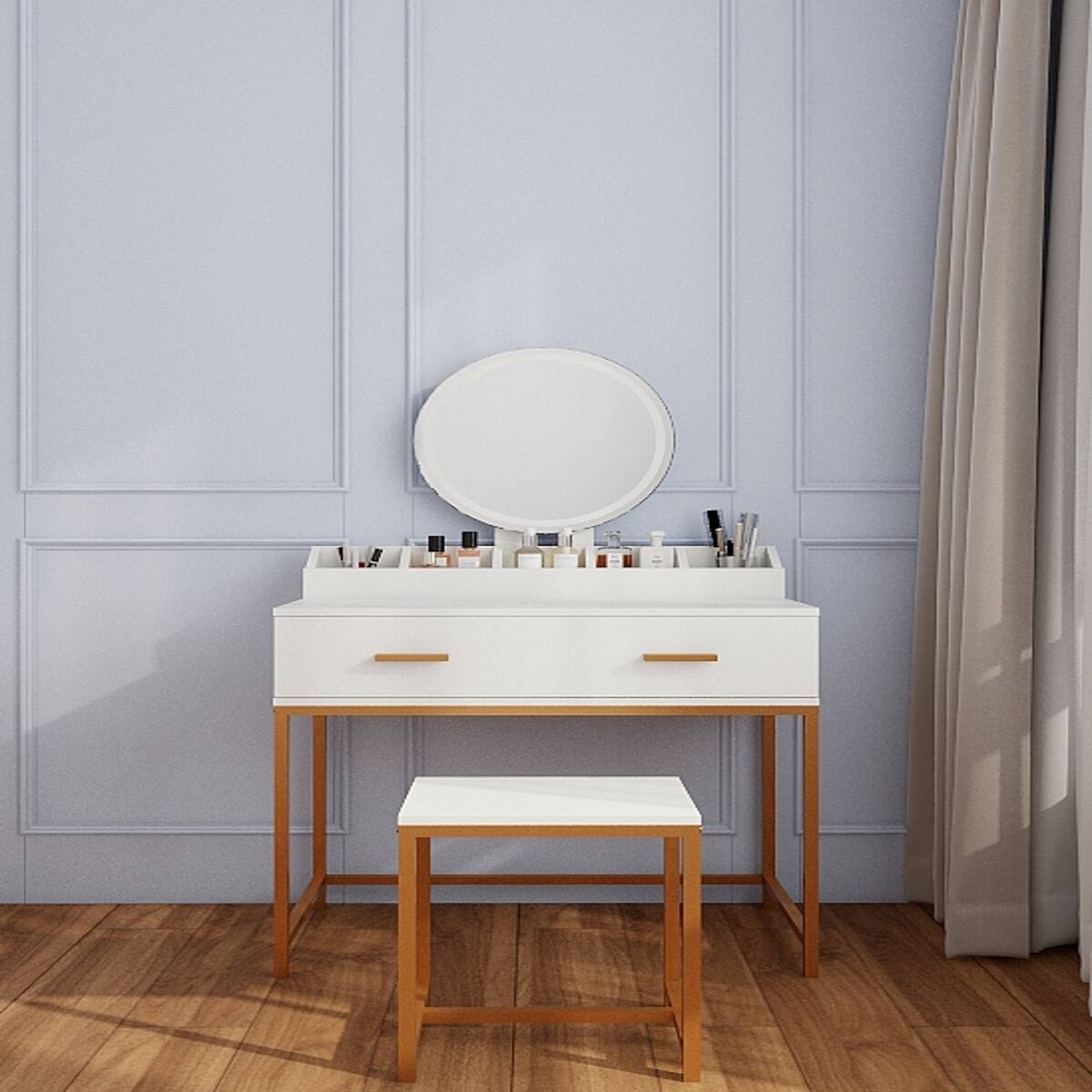 Alt View 6. Loheer - Loheer Makeup Vanity Set with Mirror and Stool, White and Gold, Compact - Ancient White.