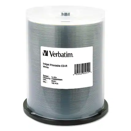 Verbatim
Inkjet Printable CD-R White
Speed: 1x-52x
Capacity: 700MB/80MIN
P/N: 95251
Qty: 100 PCS
Barcode: 0 23942 95251 0