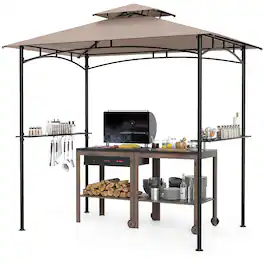 Gymax - 8' x 5' Grill Gazebo Outdoor Double-Tiered Grill Canopy w/ 2 Shelves & 6 Hooks - Brown