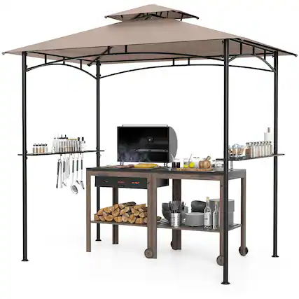 Front. Gymax - Gymax 8' x 5' Grill Gazebo Outdoor Double-Tiered Grill Canopy w/ 2 Shelves & 6 Hooks - Brown.