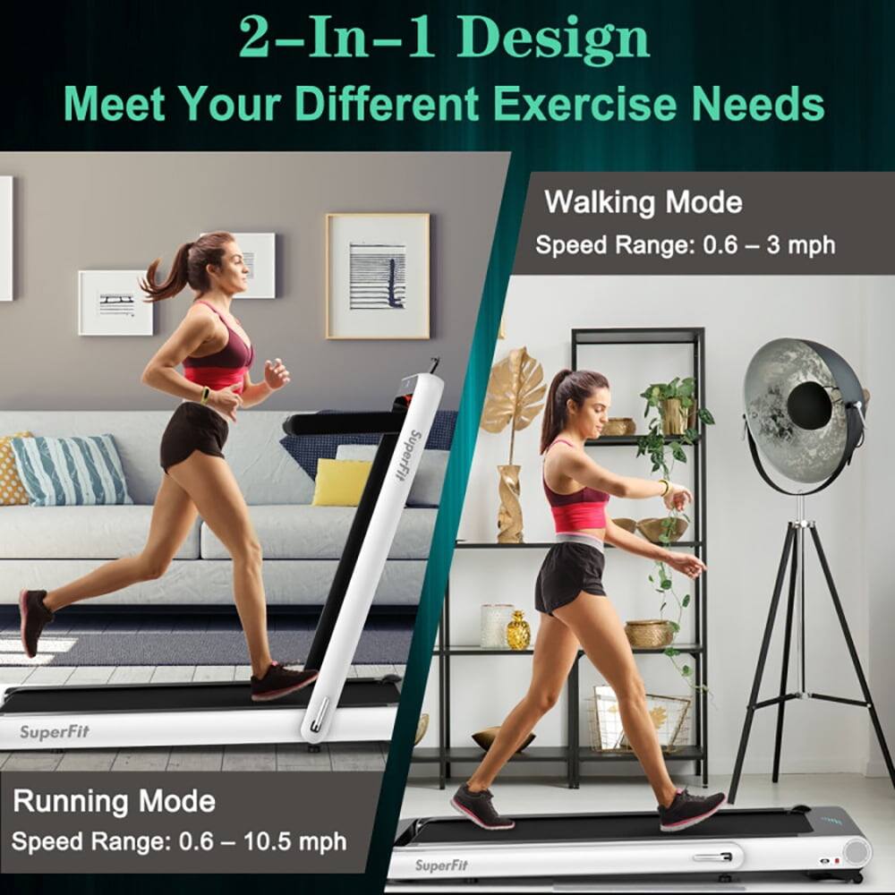 2-In-1 Design  
Meet Your Different Exercise Needs  

Walking Mode  
Speed Range: 0.6 - 3 mph  

Running Mode  
Speed Range: 0.6 - 10.5 mph