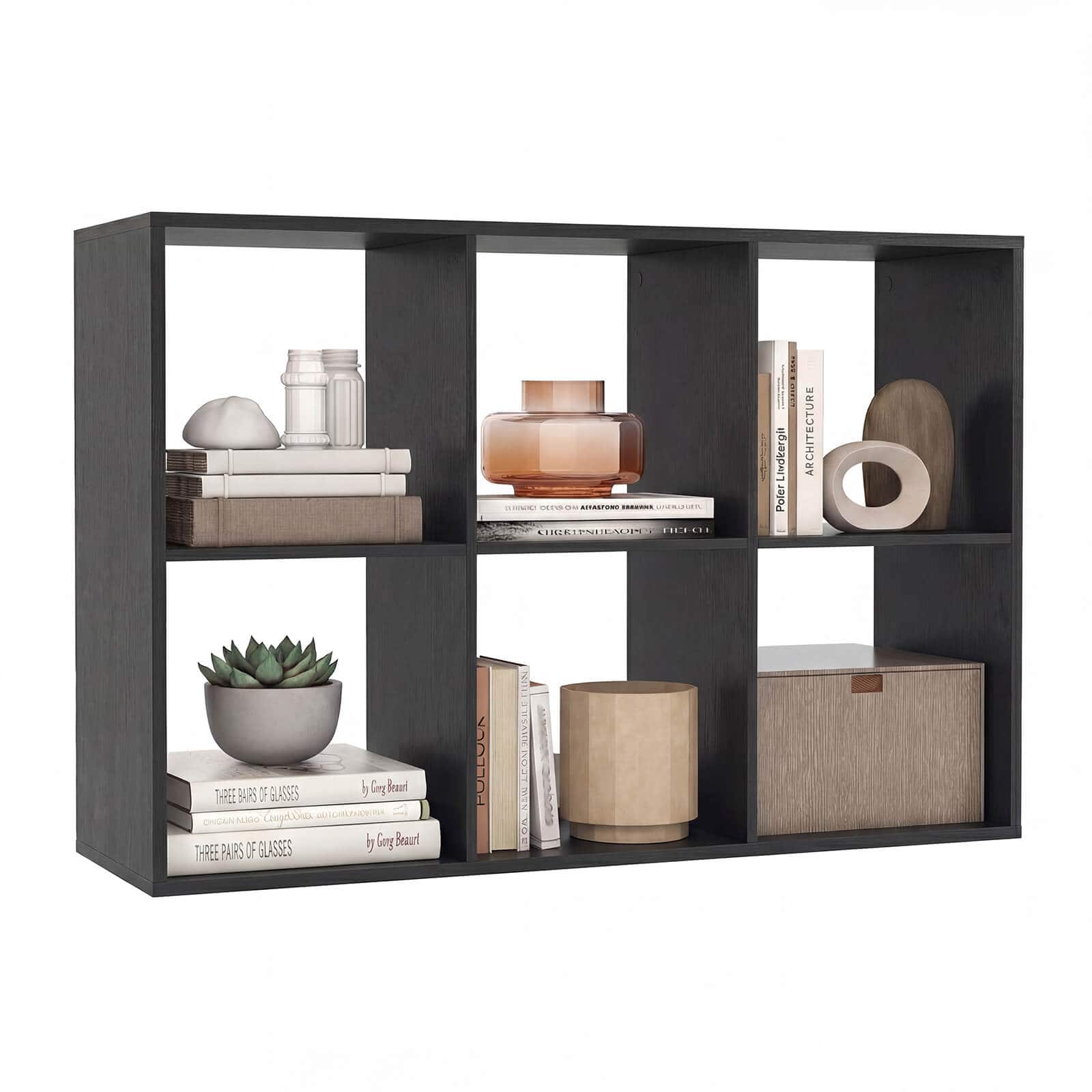 Costway - 6-Cube Bookshelf, Modern Cubby Bookcase with Back Guardrail & Anti-tipping Kits - Black