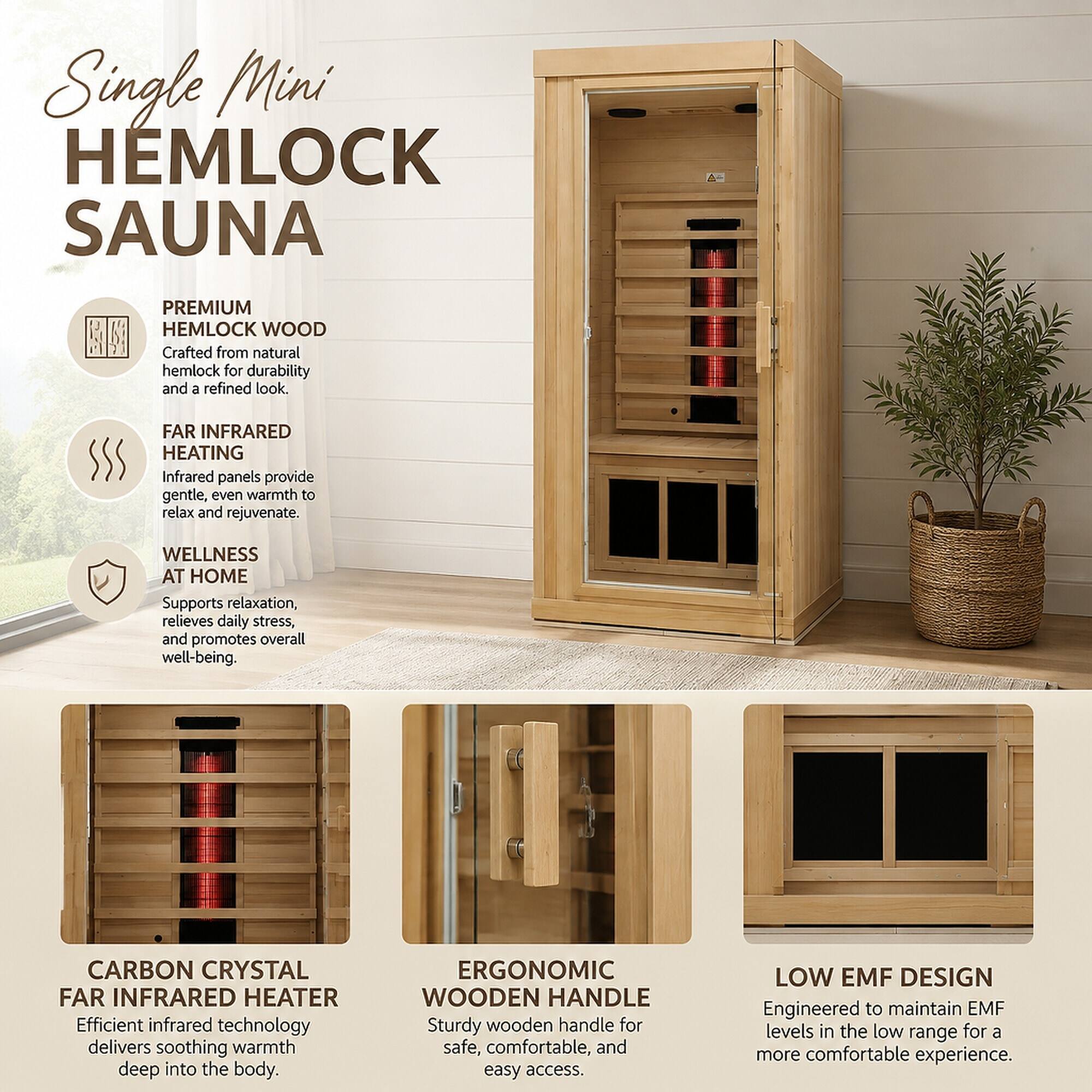 Single Mini HEMLOCK SAUNA

PREMIUM HEMLOCK WOOD
Crafted from natural hemlock for durability and a refined look.

FAR INFRARED HEATING
Infrared panels provide gentle, even warmth to relax and rejuvenate.

WELLNESS AT HOME
Supports relaxation, relieves daily stress, and promotes overall well-being.

CARBON CRYSTAL FAR INFRARED HEATER
Efficient infrared technology delivers soothing warmth deep into the body.

ERGONOMIC WOODEN HANDLE
Sturdy wooden handle for safe, comfortable, and easy access.

LOW EMF DESIGN
Engineered to maintain EMF levels in the low range for a more comfortable experience.