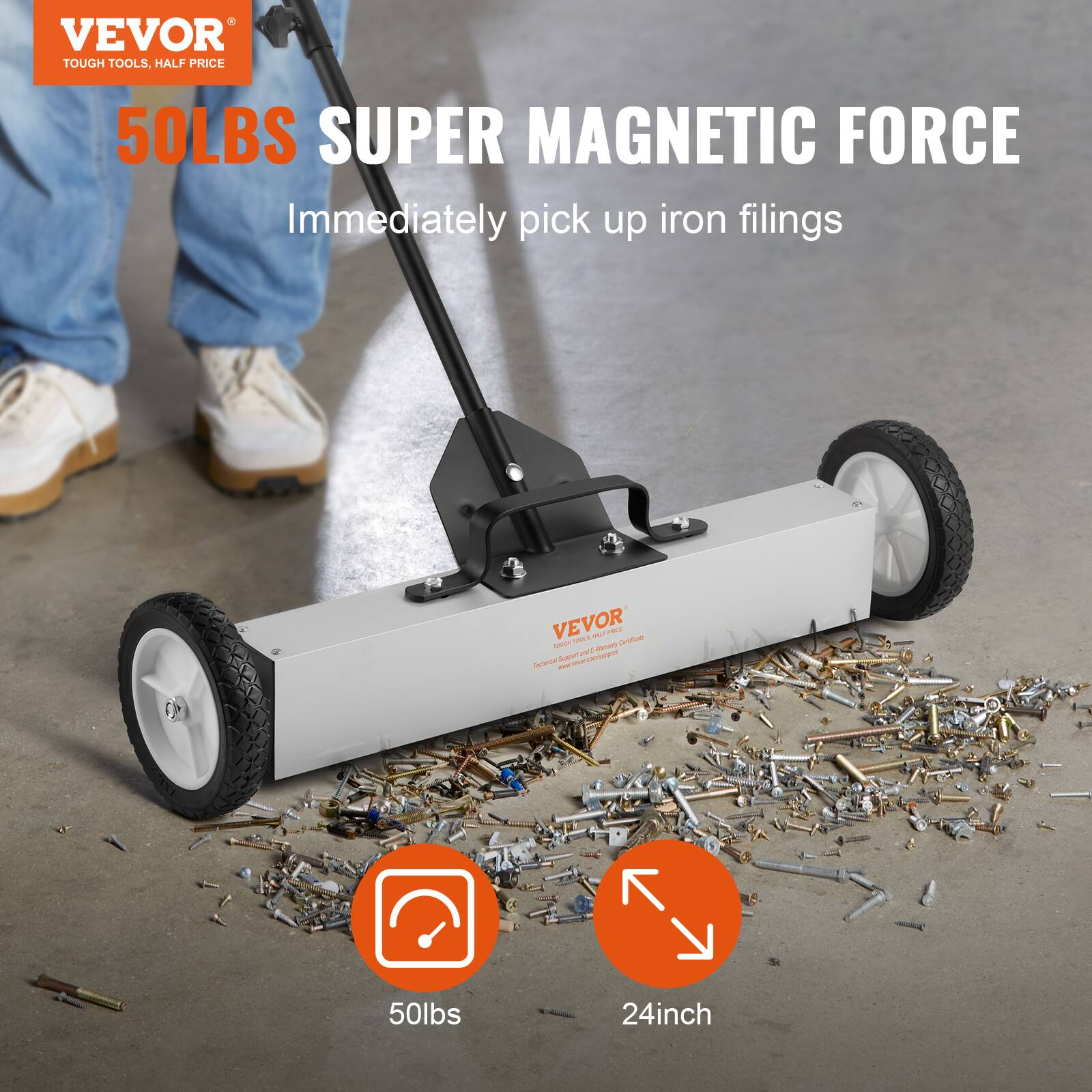 VEVOR TOUGH TOOLS, HALF PRICE  
50LBS SUPER MAGNETIC FORCE  
Immediately pick up iron filings  

50lbs  
24inch