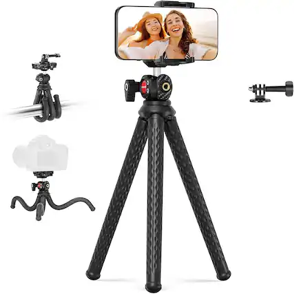 Front. Schertz - Flexible Mini Tripod with Remote – Phone & Action Camera Stand for iPhone, GoPro, DJI, Samsung (TP34).