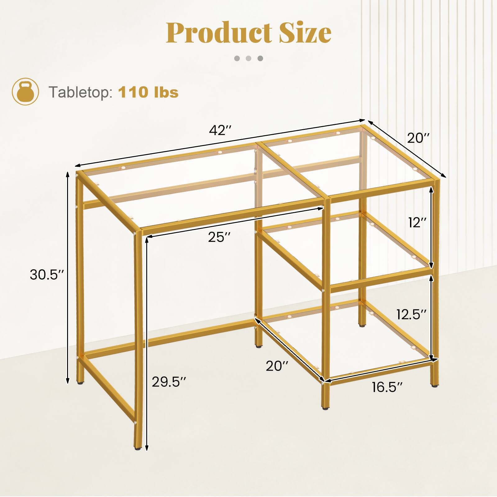 Product Size

Tabletop: 110 lbs

42"
20"
25"
12"
30.5"
12.5"
29.5"
20"
16.5"