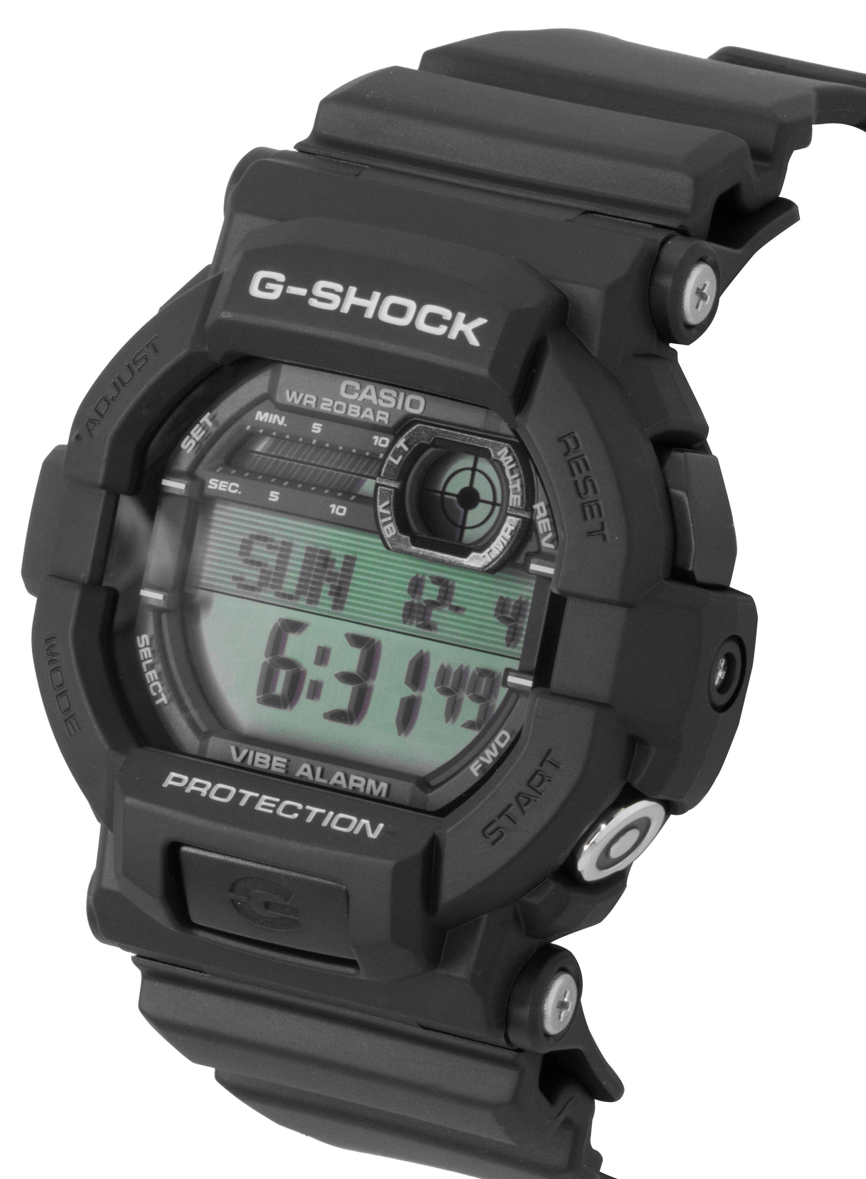 G-SHOCK  
CASIO  
WR 20BAR  
MIN. 5 10  
SEC. 5 10  
SUN 12-4  
6:31 49  
VIBE ALARM  
PROTECTION  
ADJUST  
SET  
RESET  
MODE SELECT  
VIBE  
FWD  
REV  
START  
PROTECTION