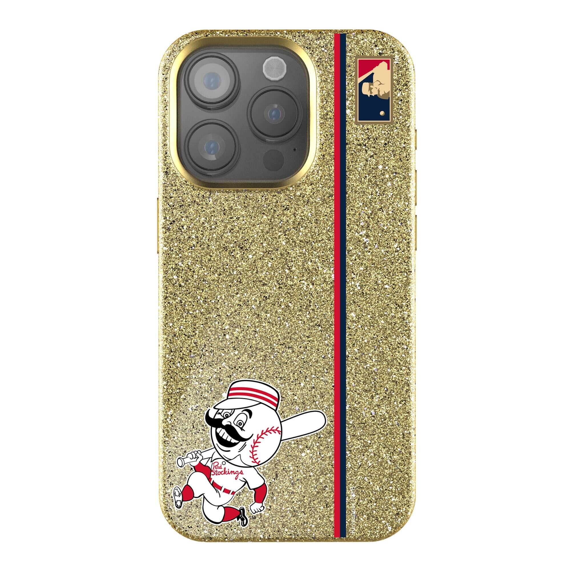 Front. Keyscaper - Cincinnati Reds 1953 Logo iPhone Bling Case - 15 Plus - Gold.