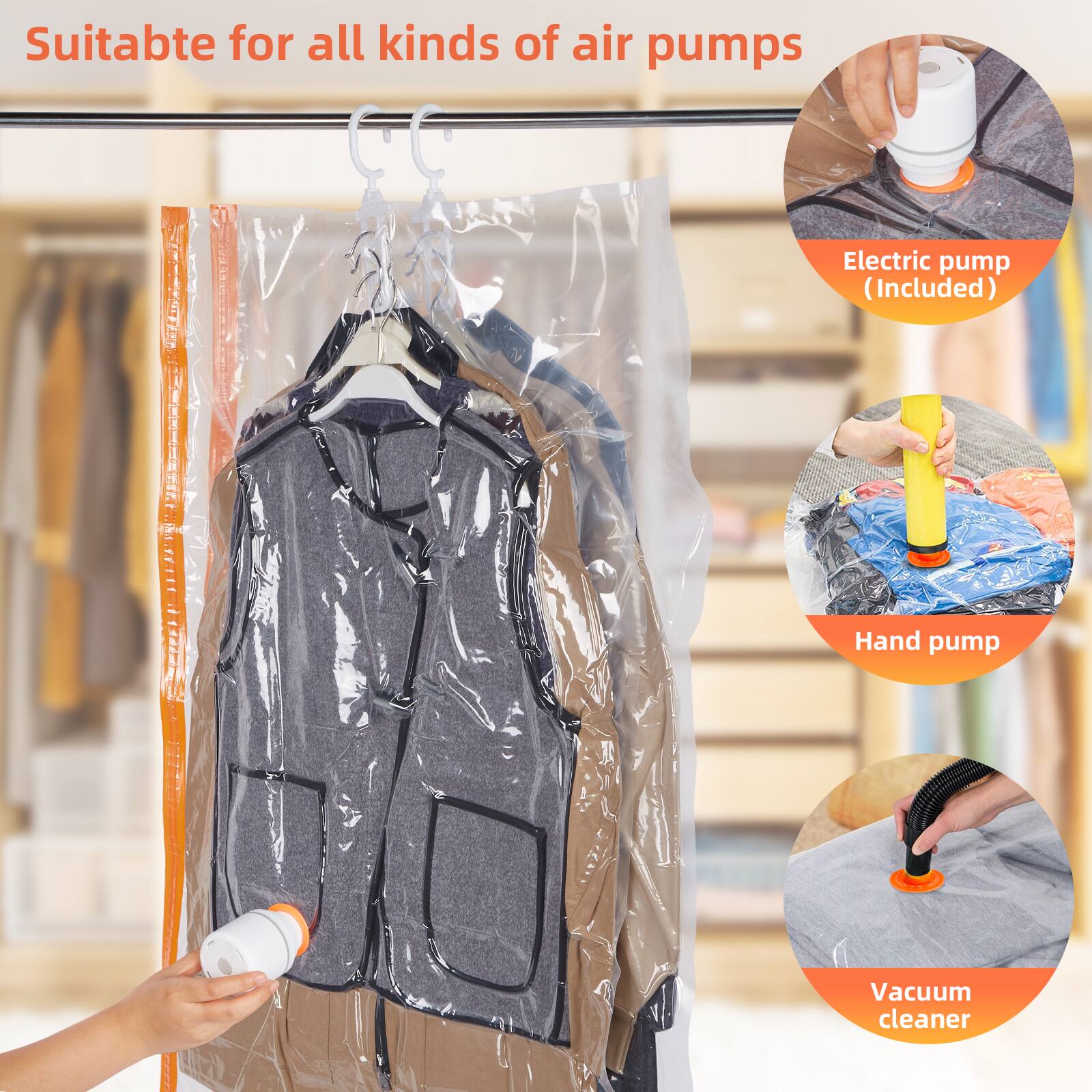 Suitable for all kinds of air pumps

- Electric pump (Included)
- Hand pump
- Vacuum cleaner