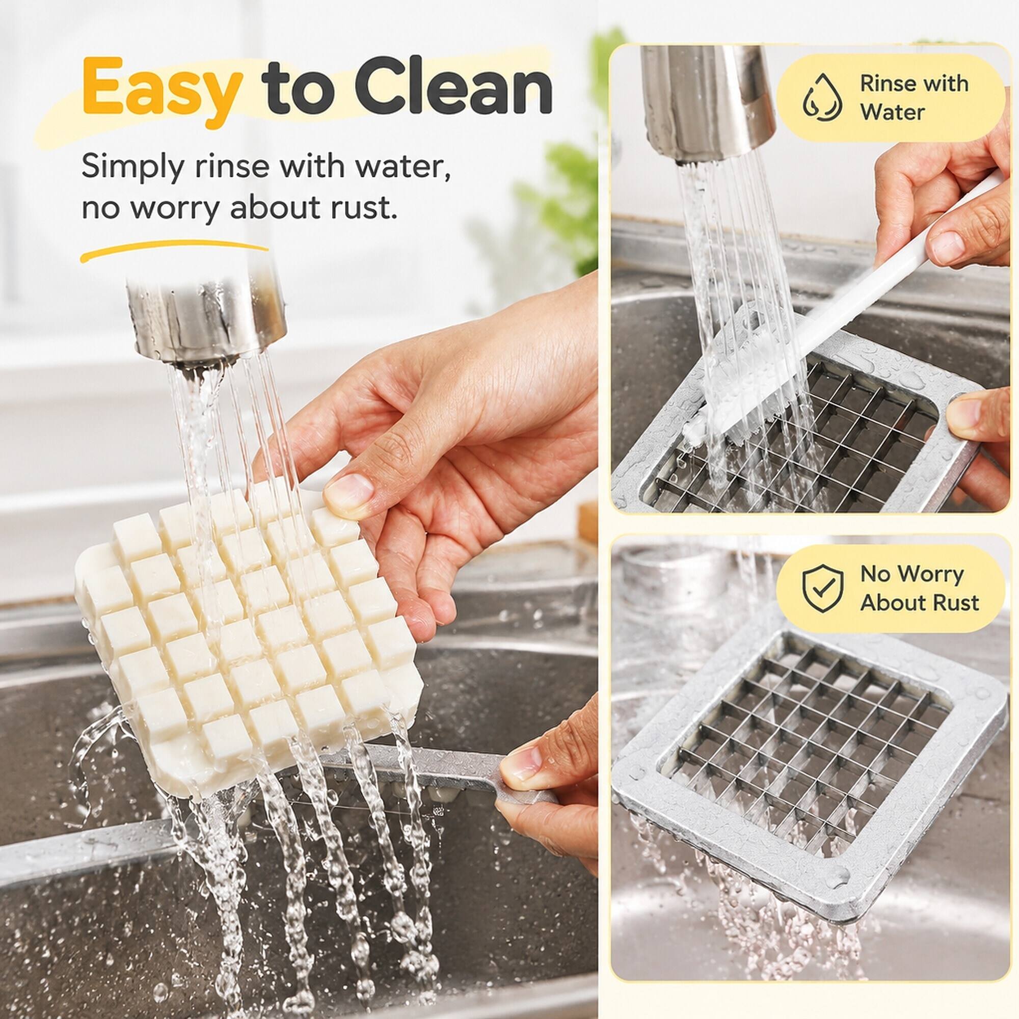 Easy to Clean  
Simply rinse with water, no worry about rust.  

Rinse with Water  
No Worry About Rust