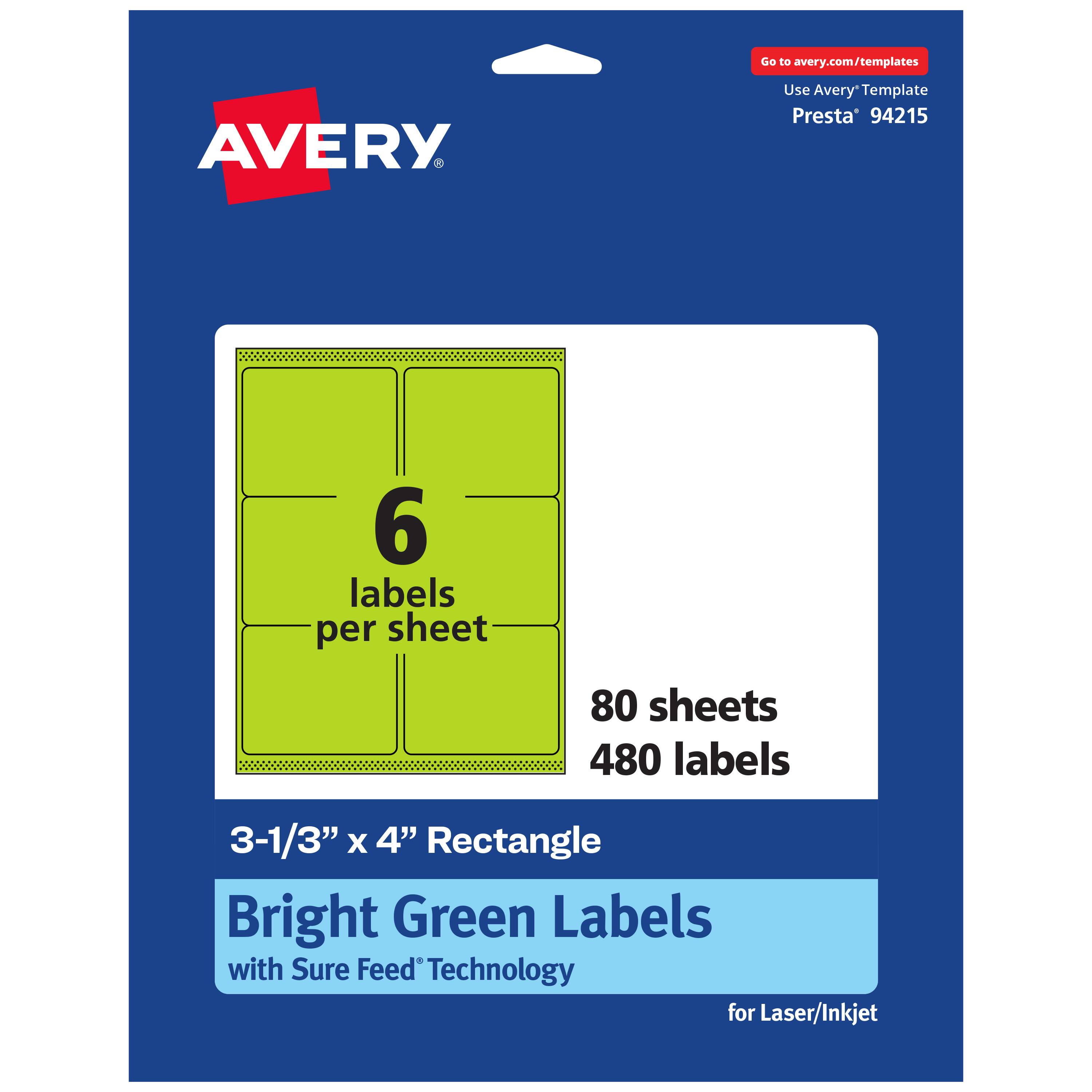 Go to avery.com/templates

AVERY

Use Avery Template Presta* 94215

6 labels per sheet

80 sheets

480 labels

3-1/3" x 4" Rectangle

Bright Green Labels with Sure Feed Technology for Laser/Inkjet